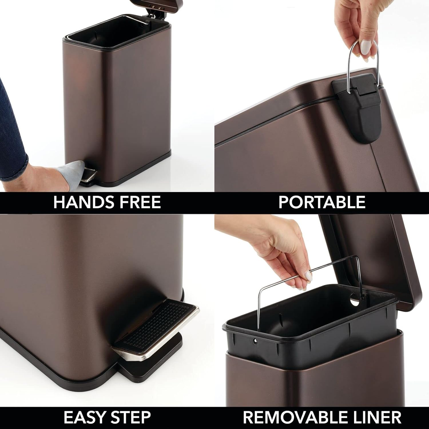 Mdesign Slim Metal Rectangle 2.6 Gallon Trash Can with Step Pedal, Easy-Close Lid, Removable Liner - Narrow Wastebasket Garbage Container Bin for Bathroom, Bedroom, Kitchen, Office - Bronze image number 3