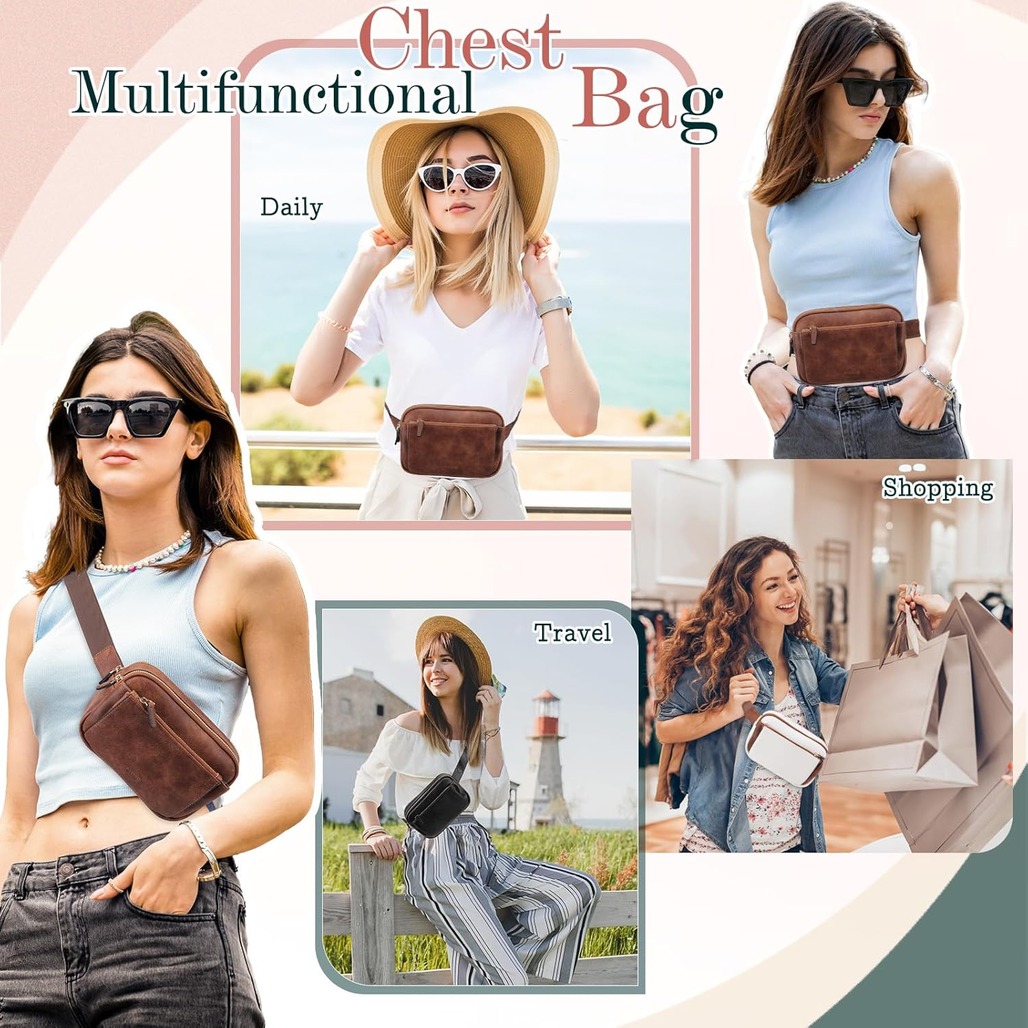 VX VONXURY Fashion Belt Bag,Vegan Leather Fanny Packs with Adjustable Strap,Trendy Small Crossbody Waist Bag (All Brown-Faux Leather) - Off White Brown-Faux Leather image number 2