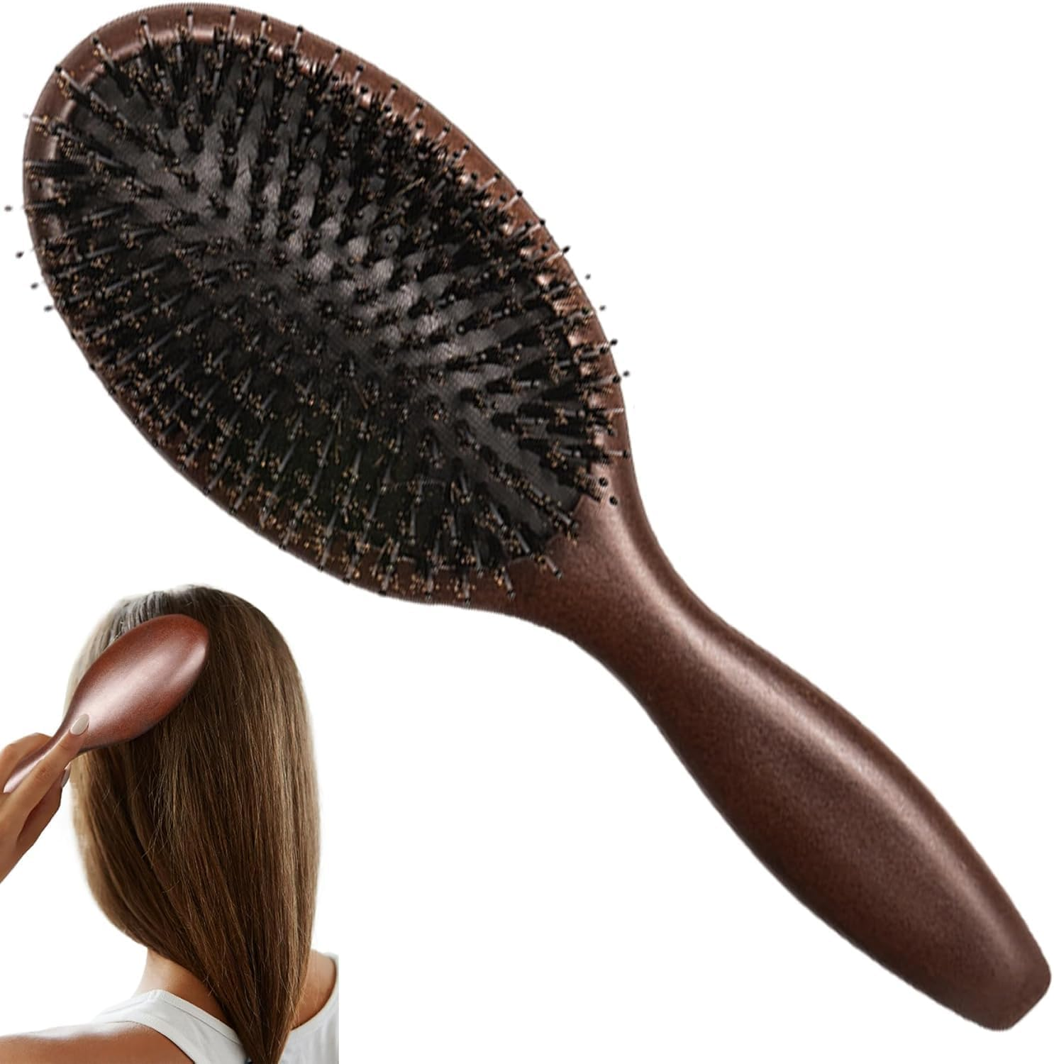 Wooden Handle Bristle Hairbrush, 1Pc Women Hair Combs Hair Care Scalp Massager Wooden Bristle Hair Brush,Wooden Paddle Detangling Brush for Women image number 2