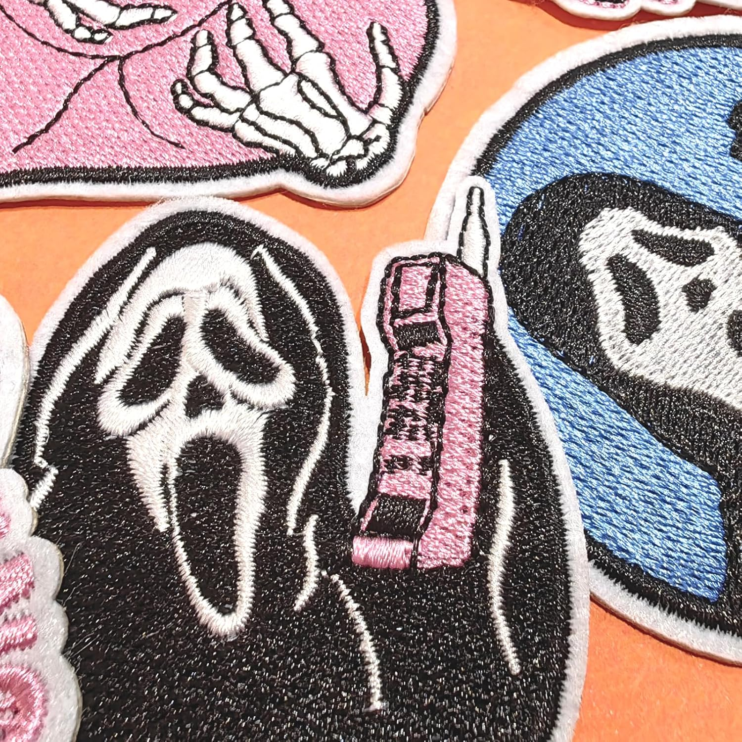 HEYTRCO 8PCS Ghost Iron on Patches, Scary Pink Blue Dark Hang up Embroidered Repair Patches for Clothes, Vintage Custom Badge Heart Applique for Hats, Jeans, Jackets, Bags, Backpacks, Dress, Shoes image number 2