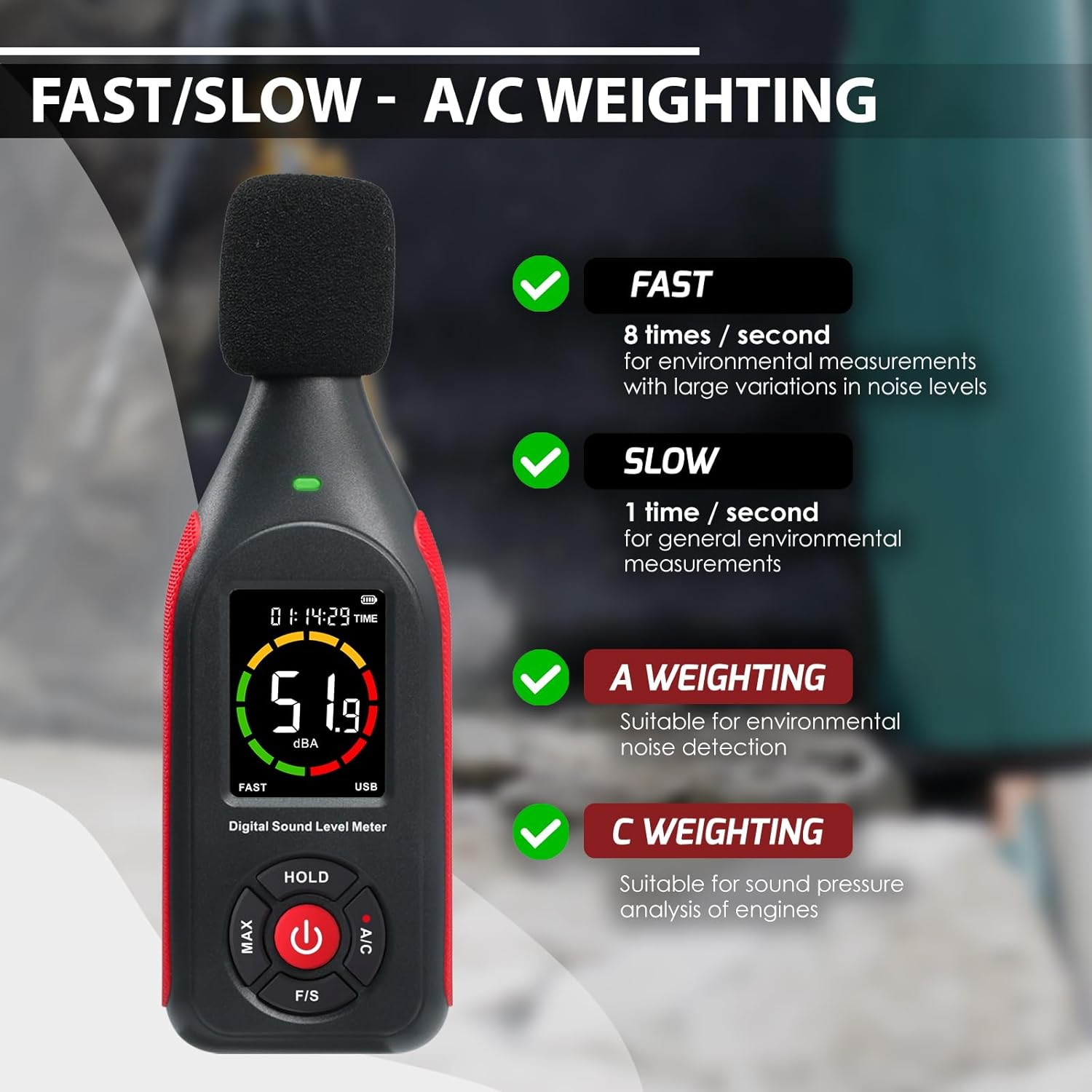 Decibel Meter Data Logger Portable Sound Decibel Meter, Sound Level Meter with 31,000 Data Record & Export, Rechargeable Noise Meter with A/C Frequency DC Output, 3-Color Alarm, Real Time Measurement image number 5