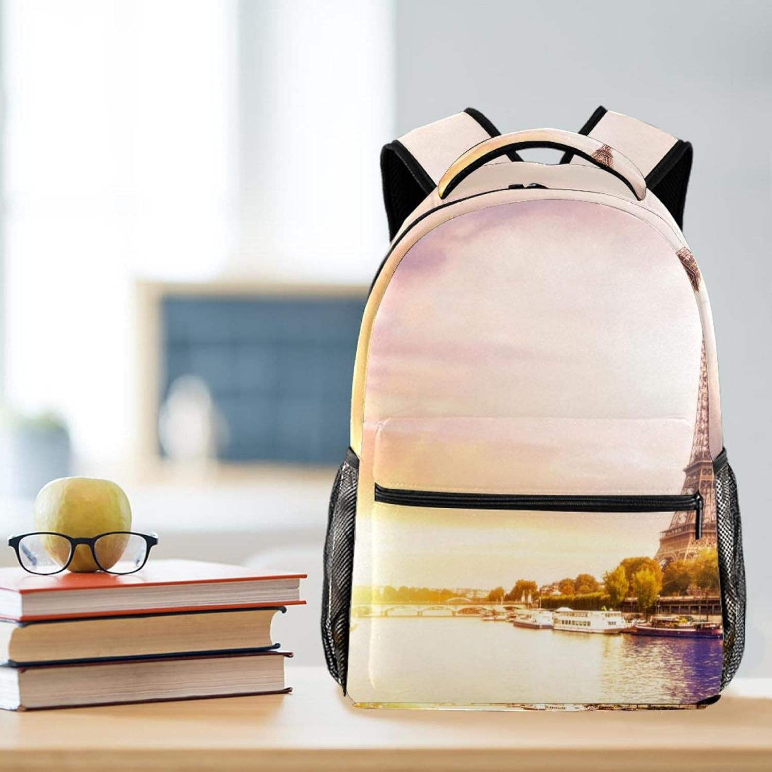 Eiffel Tower with Boats on Seine River in Paris Romantic Sunset Background Backpack Students Shoulder Bags Travel Bag College School Tote Backpacks image number 4