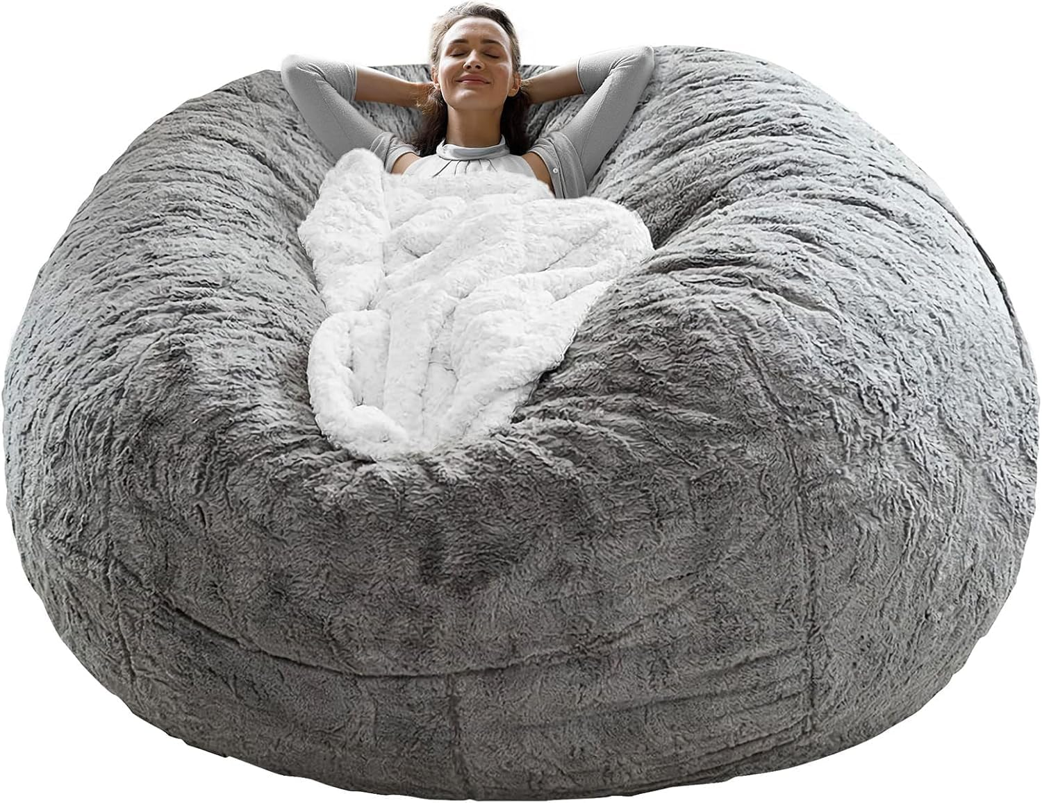 Bean Bag Chair Cover without Filler, Big round Soft Fluffy PV Velvet Washable Bean Bag Lazy Sofa Bed Cover for Adults,Living Room Bedroom Furniture Outside,180X65Cm, Black