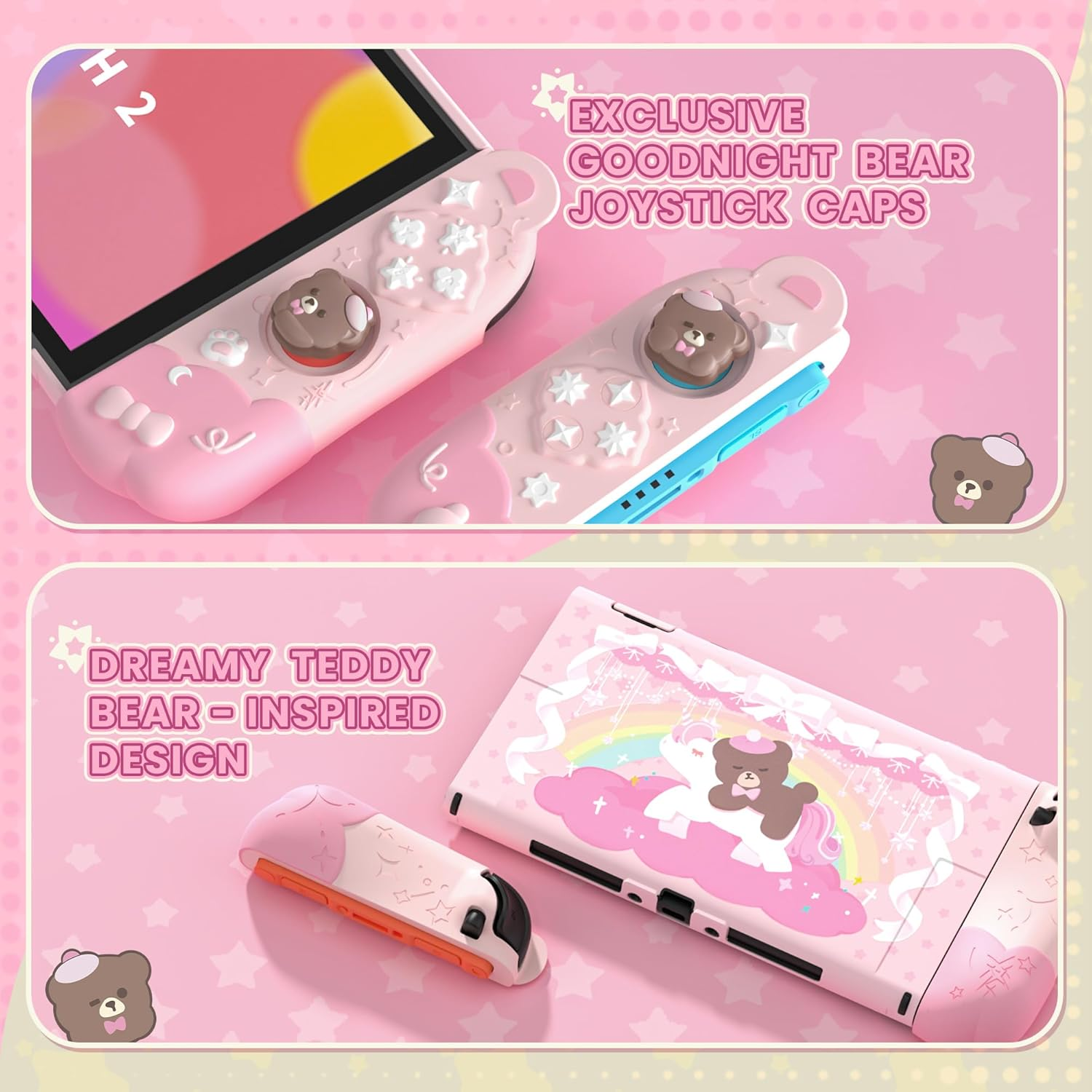 Playvital Good Night Bear Dockable Protective Case for Nintendo Switch 2 - Detachable Silicone Joycon Grips & Shockproof Back Cover with Cute Bear Thumbs Caps | Pink - Pink image number 2