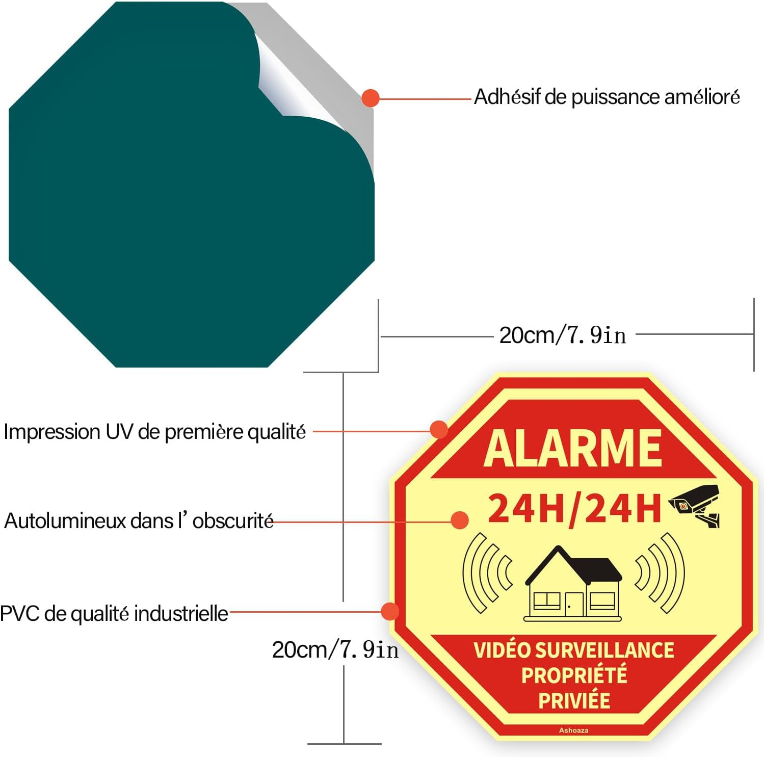 FR Shoaza Home Illuminated 4 Alarms CCTV Security Self Adhesive Home Glow in the Dark Octagonal 20X20Cm image number 1