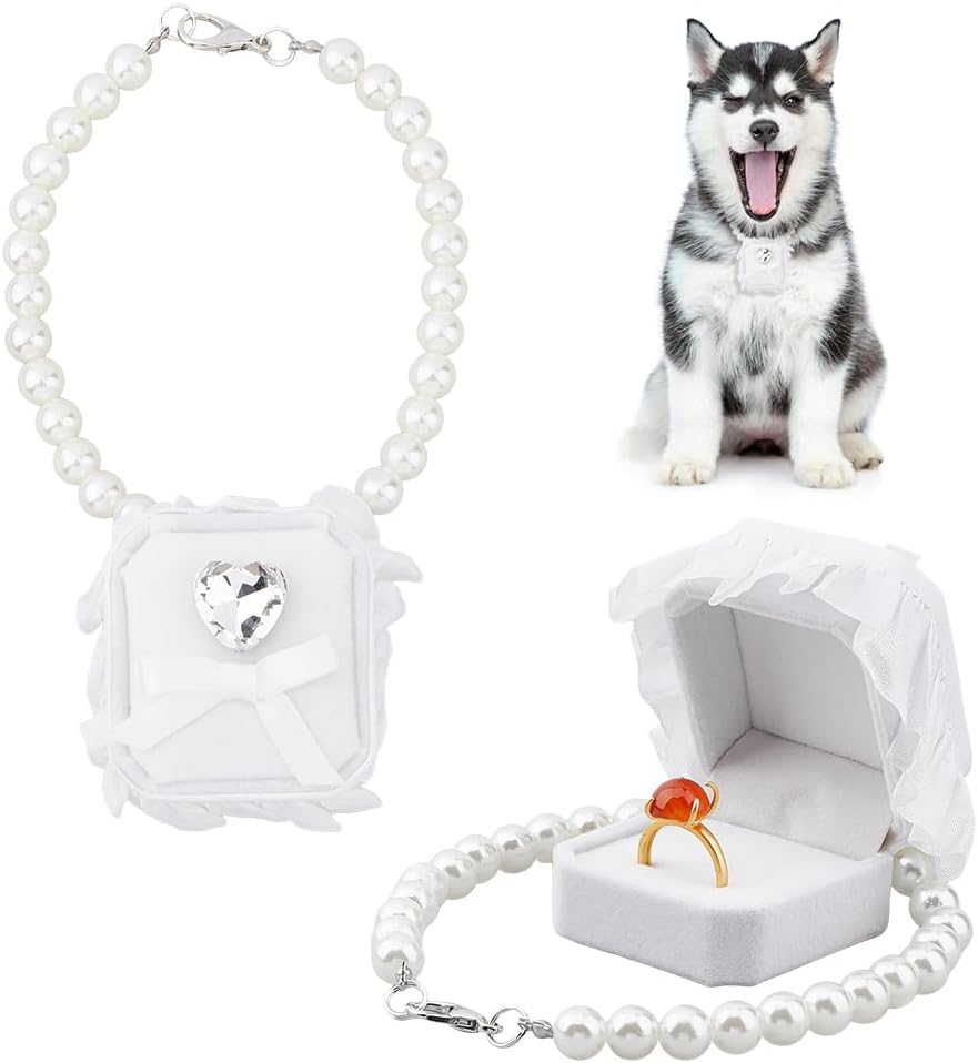 SUPERFINDINGS Pearl Cat Collar White Velvet Ring Box Wedding Dog Collar with Ring Box Cat Wedding Ring Holder with Pet Collar Rhinestone Couple Ring Bearer Box for Proposal Engagement Wedding 13Inch image number 6