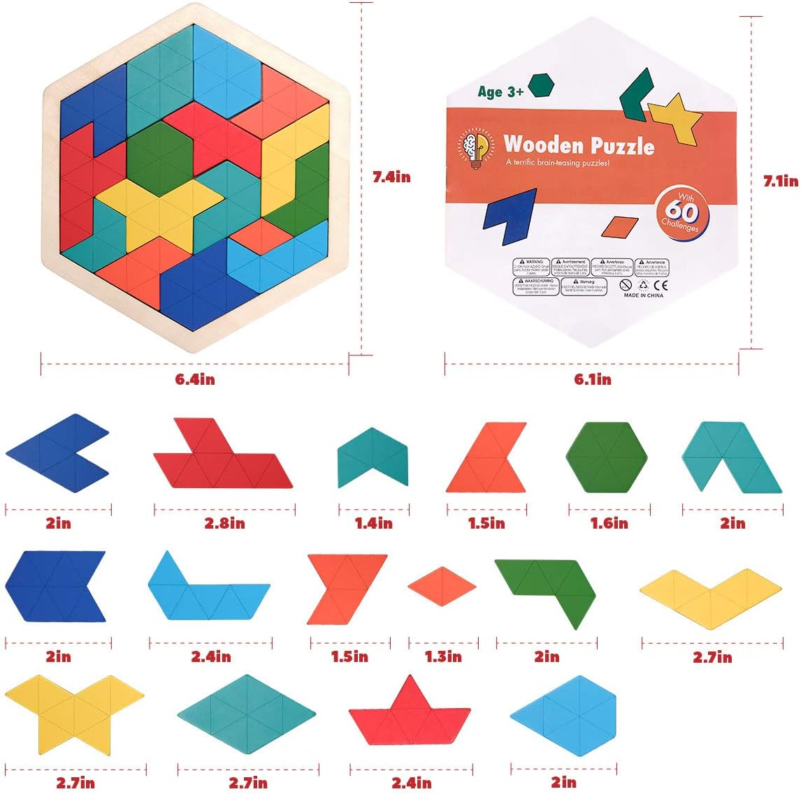 Vanmor Wooden Hexagon Tangram Puzzle for Kids Adults Geometric Shape Pattern Blocks Brain Teaser Puzzles with 60 Solution, Logic Mind Puzzles Travel Game for All Ages New Year Gifts