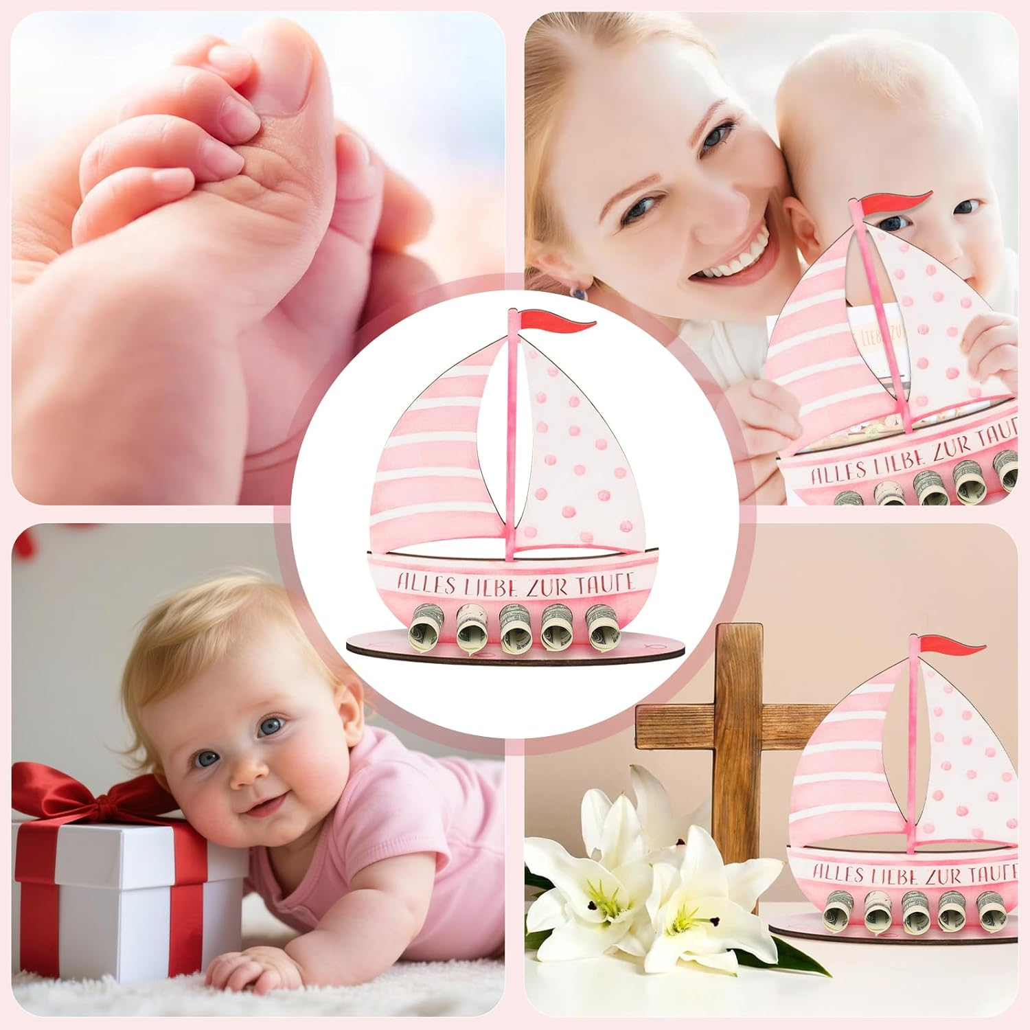 Christening Gifts Boys and Girls, Personal Wooden Sailing Boat as a Christening Gift, with Christening Card, Money Gift Idea, Unique Keepsake for Christening (Pink) - Blue image number 7
