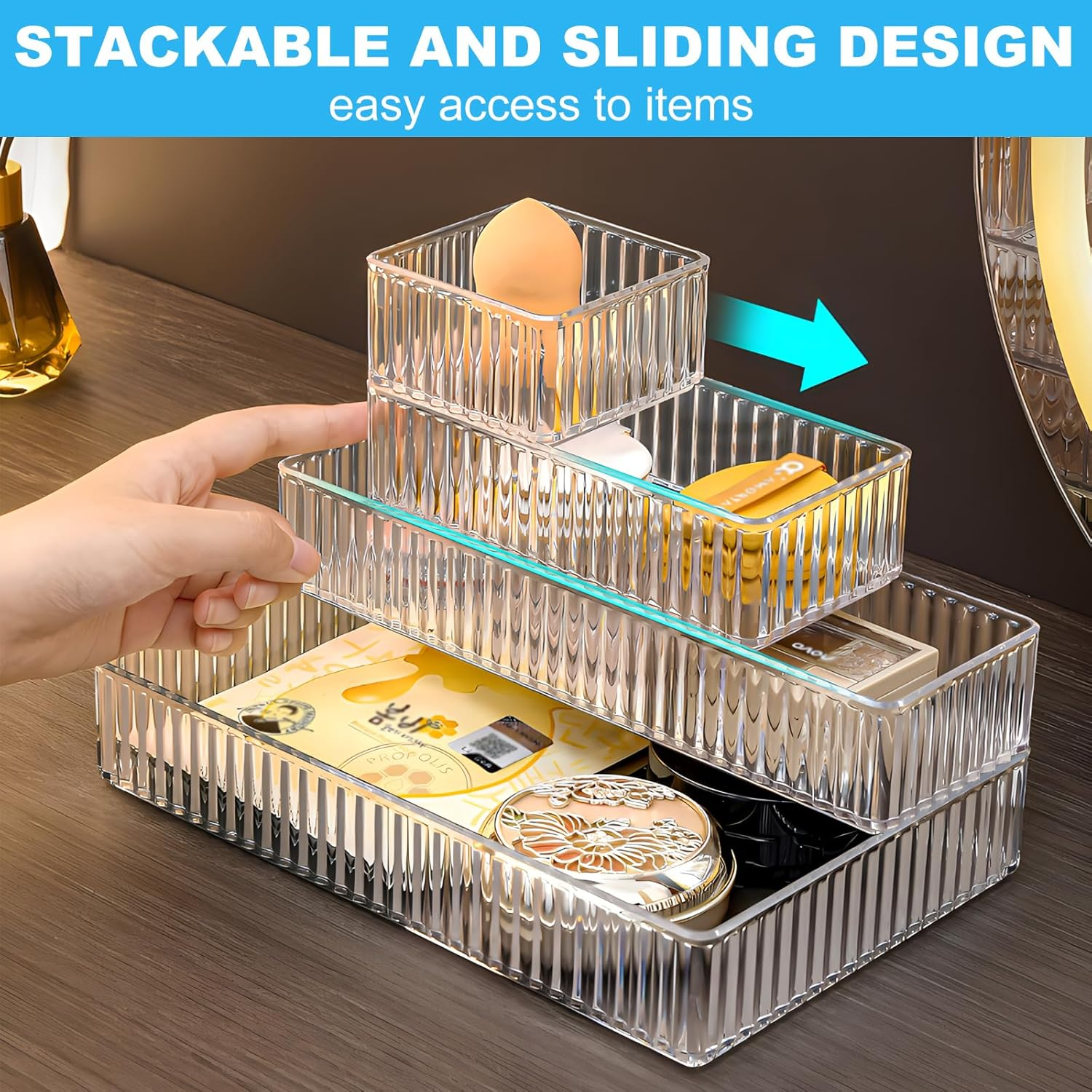 7 PCS Clear Drawer Organizers Bins, 4-Size Stackable Makeup Organizer Trays, Drawer Storage Containers, Desk Organiser for Kitchen Bathroom Makeup Office image number 3