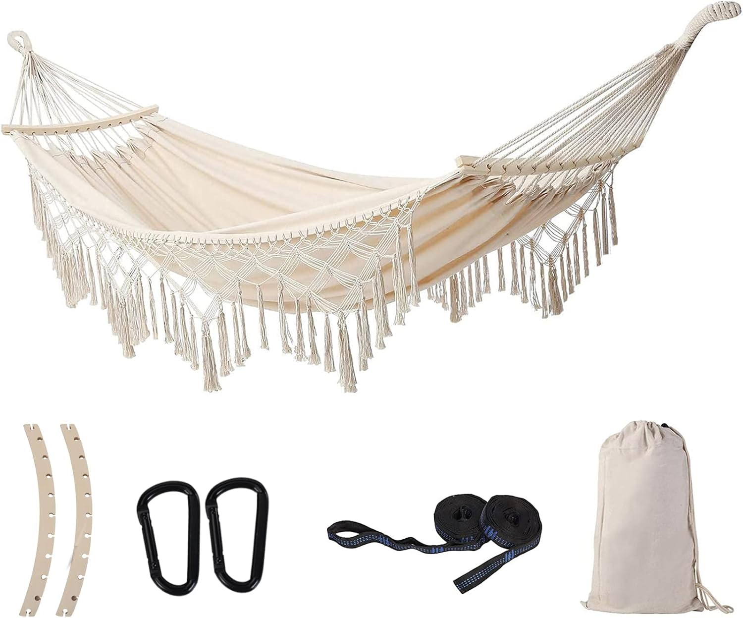 ​Boho Double Hammock for 2 Person - Portable with Carry Bag, Indoor/Outdoor Use for Patio, Beach, Camping (Beige)​ image number 5
