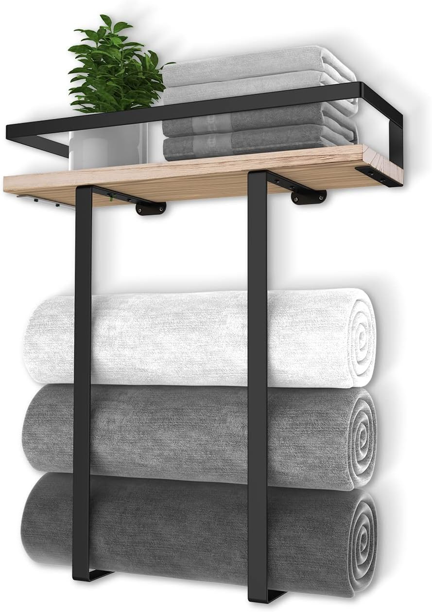 Towel Racks for Bathroom Wall Mounted, Xstydes Metal Towel Holder with Wooden Shelf for Folding Large Towels, Towel Storage for Small Bathroom Organizer Decor or RV Camping image number 5