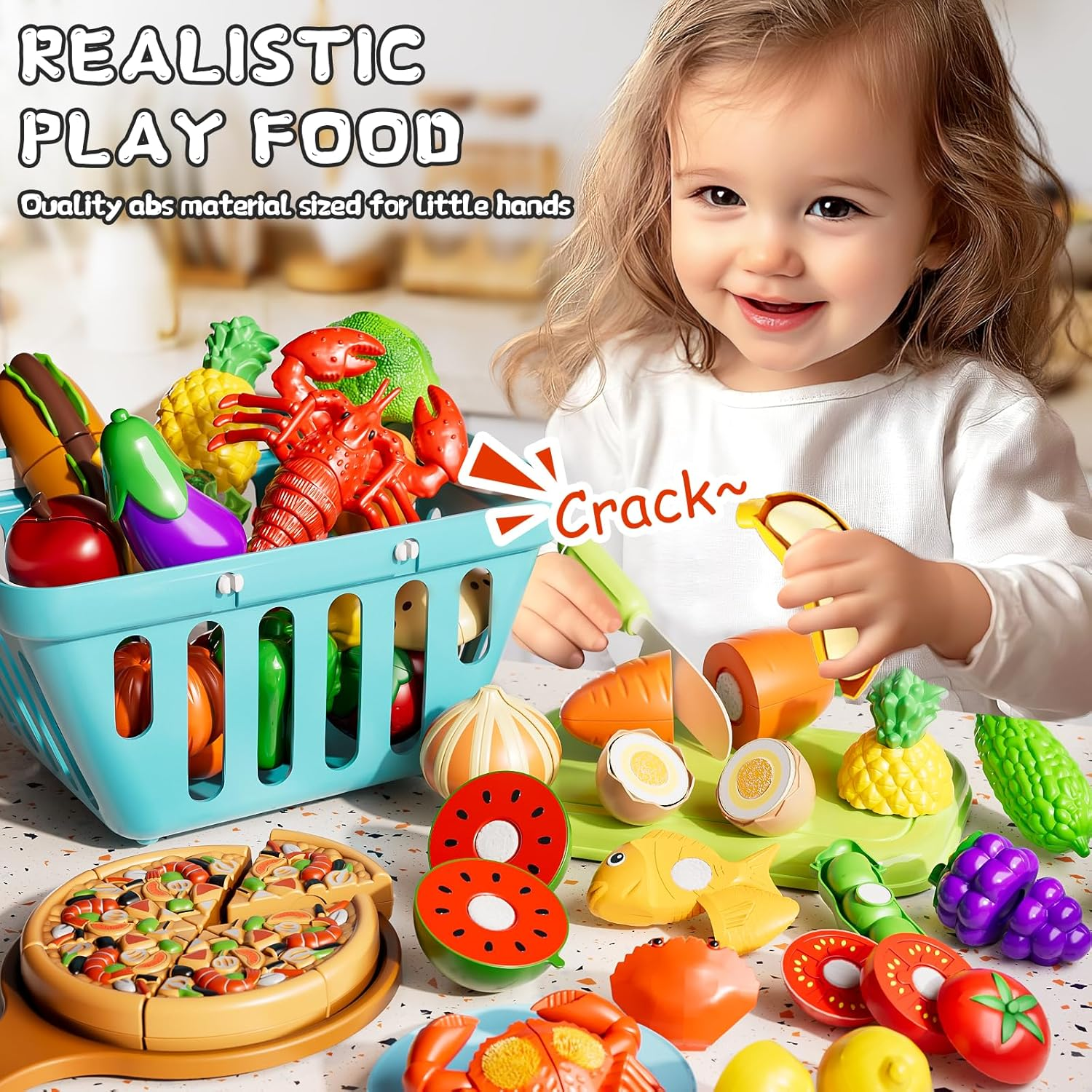Cutting Play Food for Kids,105Pcs Pretend Play Kitchen Toys,Fake Food/Fruits/Vegetables Set,Play Kitchen Accessories with 2 Blaskets for Kids Boys Girls 3 4 5 6 image number 2