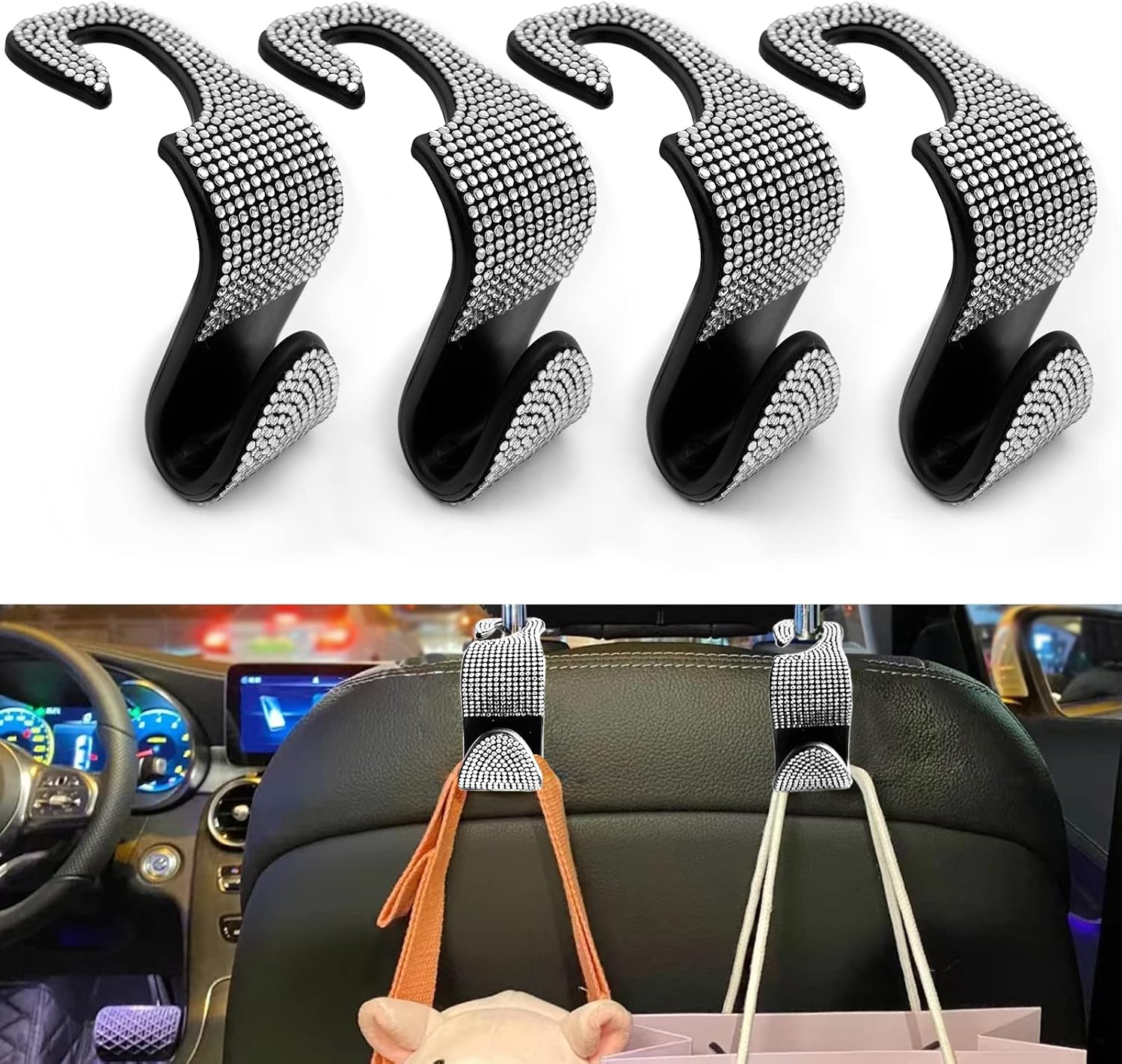 2PCS Car Seat Hooks - Bling Rhinestone Headrest Hooks with Universal Design - Perfect for Holding Handbags, Clothes, Purses, and Water Bottles - Black