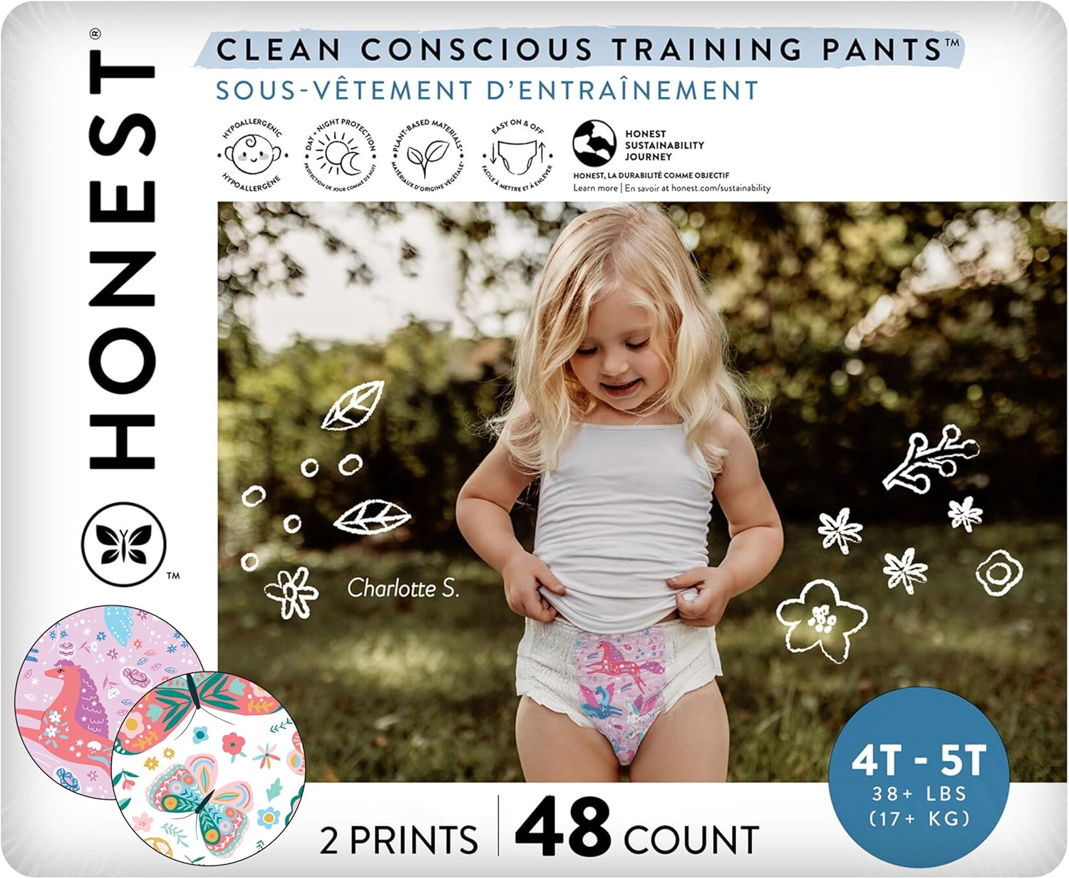 The Honest Company Clean Conscious Training Pants | Plant-Based, Sustainable Diapers | Magical Moments + Butterfly Kisses | Size 2T/3T (Up to 34 Lbs), 66 Count
