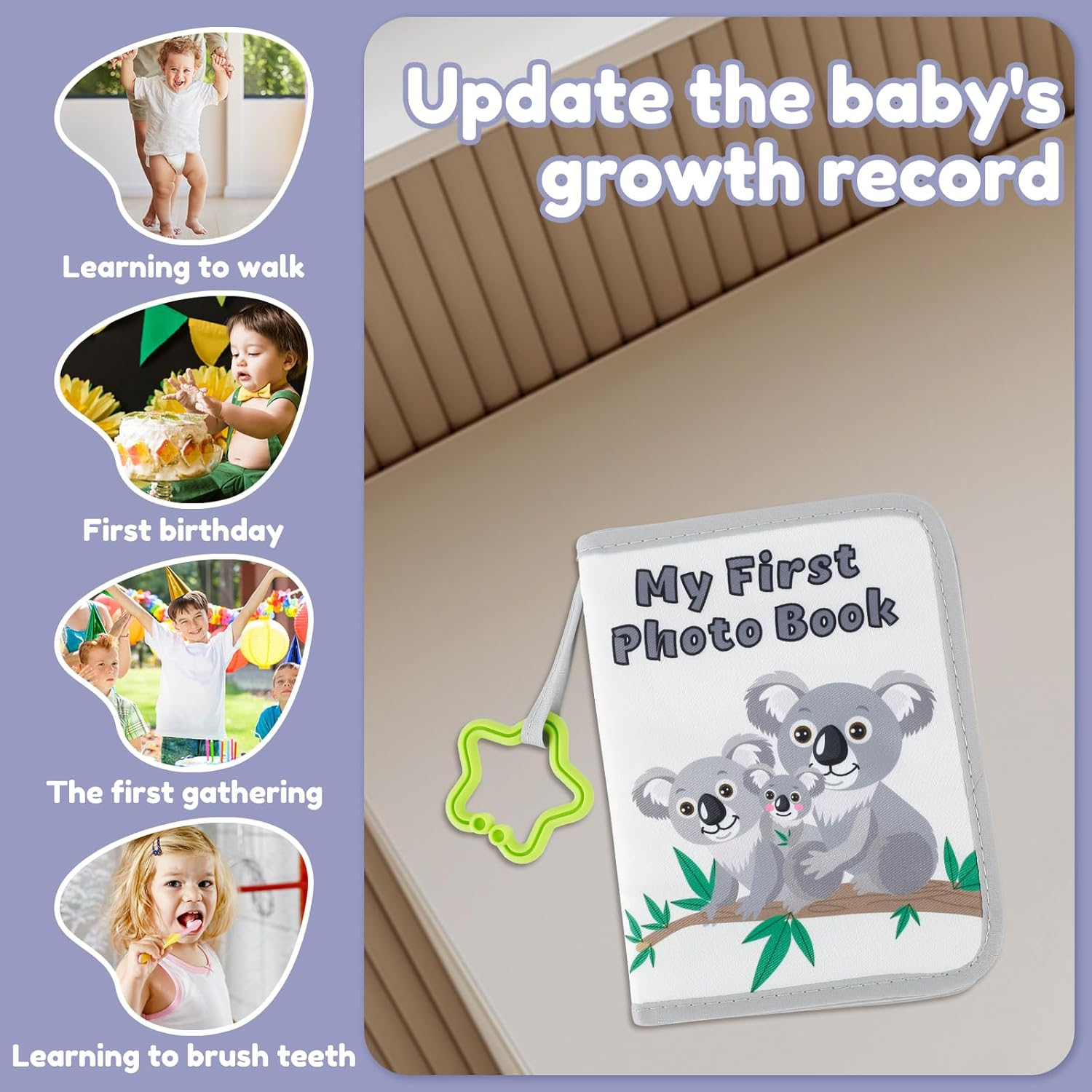 Djapwpx-Soft Cloth Photo Book, Cloth My First Photo Book, Free Illustration Baby Photo Album with Plastic Star Hook, inside Smooth Page First Year Memory Album, Safe Photo Album for Baby (Grey) - Blue image number 4