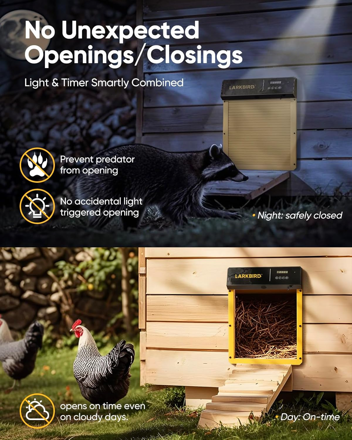 LARKBIRD Automatic Chicken Coop Door with Audio Recall Function, Solar Chicken Coop Door with Timer & Light Sensor, App Control Chicken Door with Anti-Pinch System (Yellow) image number 5