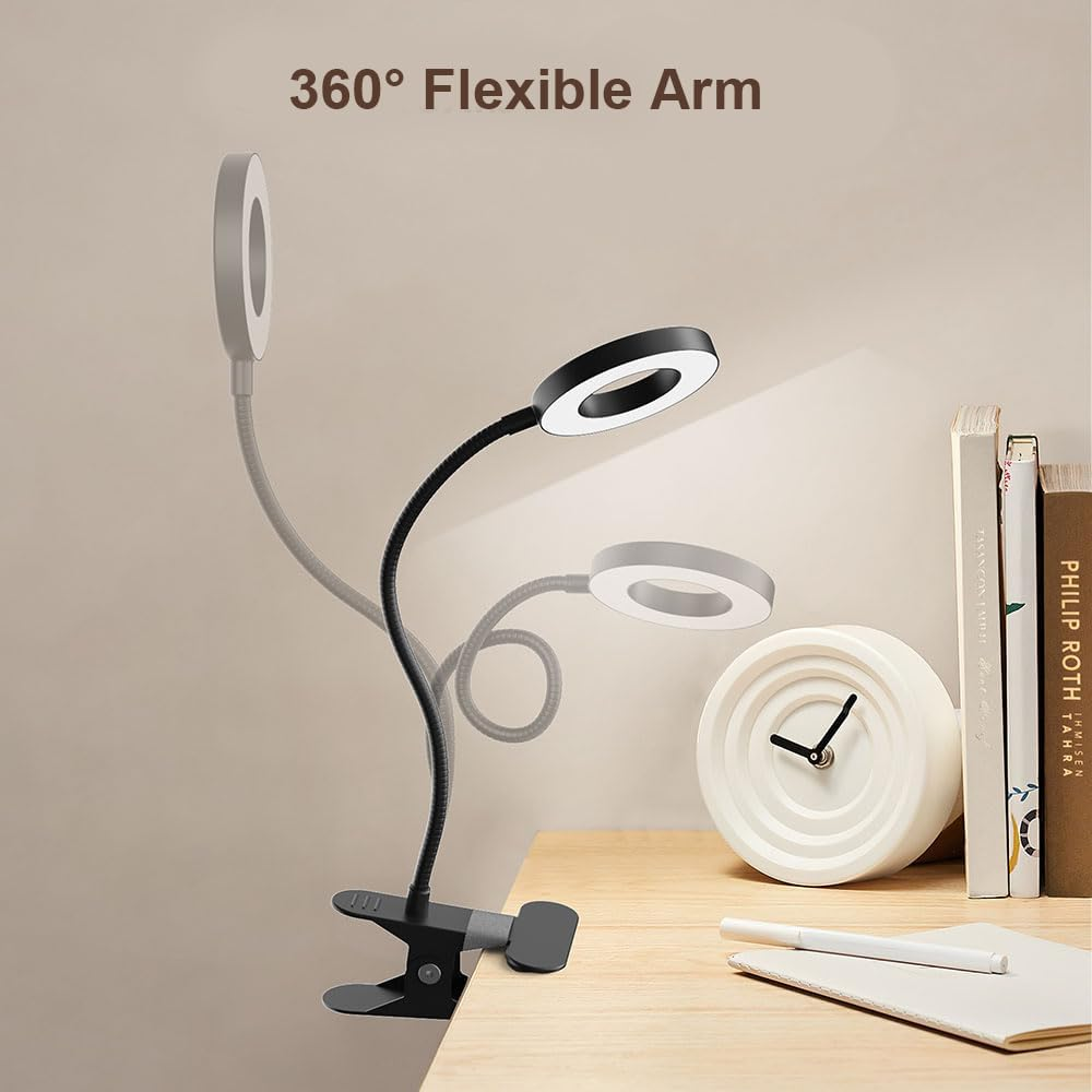 GARMESE - Clip-On LED Desk Lamp with 3 Color Modes, 10 Ring Brightness/Clamp Light 360&deg; Flexible Gooseneck Dimmable Eye Protection Desk Lamps For image number 2