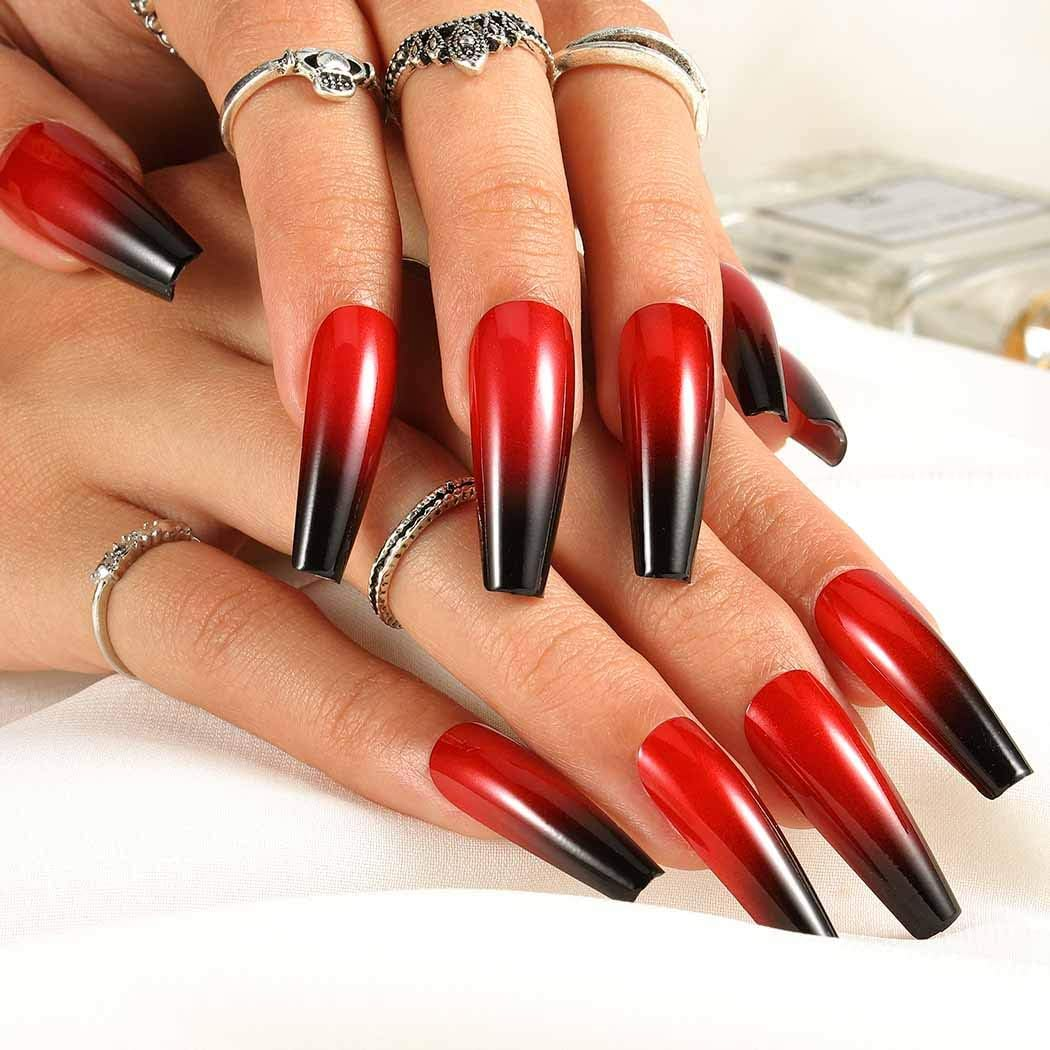 Outyua Halloween Red Black Press on Nails Ombre Coffin Fake Nails Long False Nails with Designs Acrylic Witch Ghost Nails for Women and Girls 24Pcs (Red & Black) image number 2