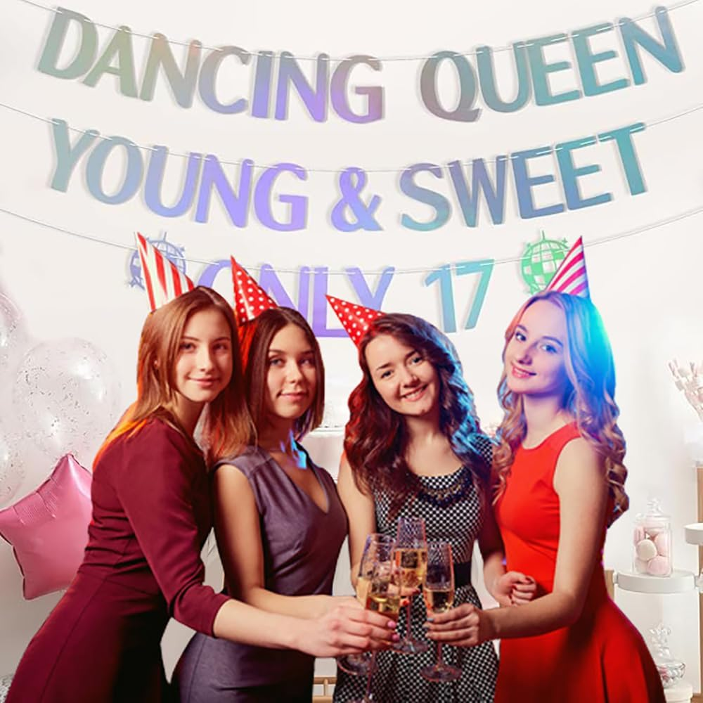 Dancing Queen Young & Sweet Only 17 Banner,Happy 17Th Birthday Party Decor for Girls, Cheers to 17 Years Party Decorations Supplies Holographic image number 5