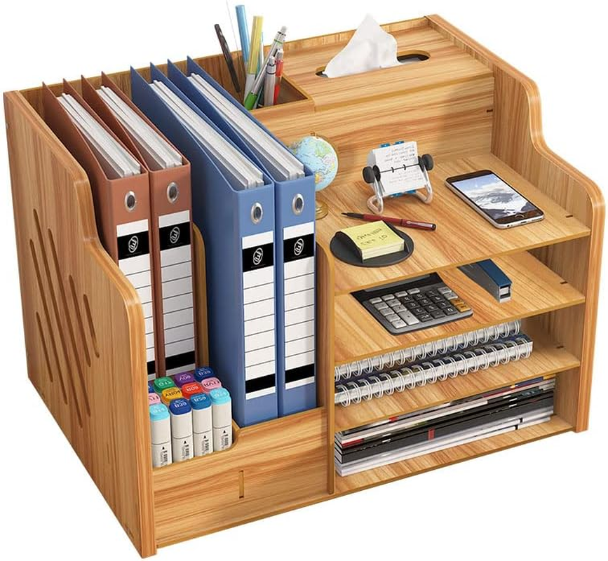 Hggzeg Updated Wooden Desk Organizer, Large Capacity Desk Tidy Storage Rack Sorter DIY Office Supplies Storage Box for A4 Papers, Books, Document and Notebook(Cherry Wood) image number 5