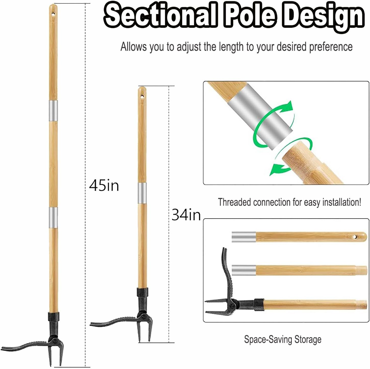 Weed Puller Tool Stand up Duty Weed Remover Tool with Long Handle Foot Platform Design-4 Claw Steel Head Weeder Tool Bamboo Garden Hand Weeding Tool Smoothly Remove Weeds without Kneeling image number 1