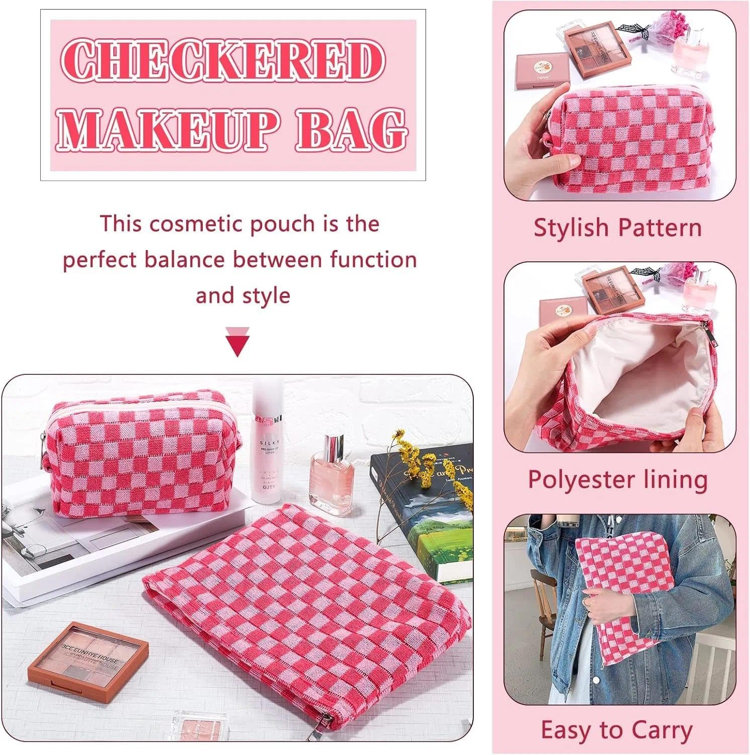Pink Makeup Bag Set, Travel Makeup Bag Organizer, Portable Cute Checkered Cosmetic Bags for Women, Small Makeup Pouch for Purse, Storage Bag for Toiletries and Makeup Accessories - Damaill