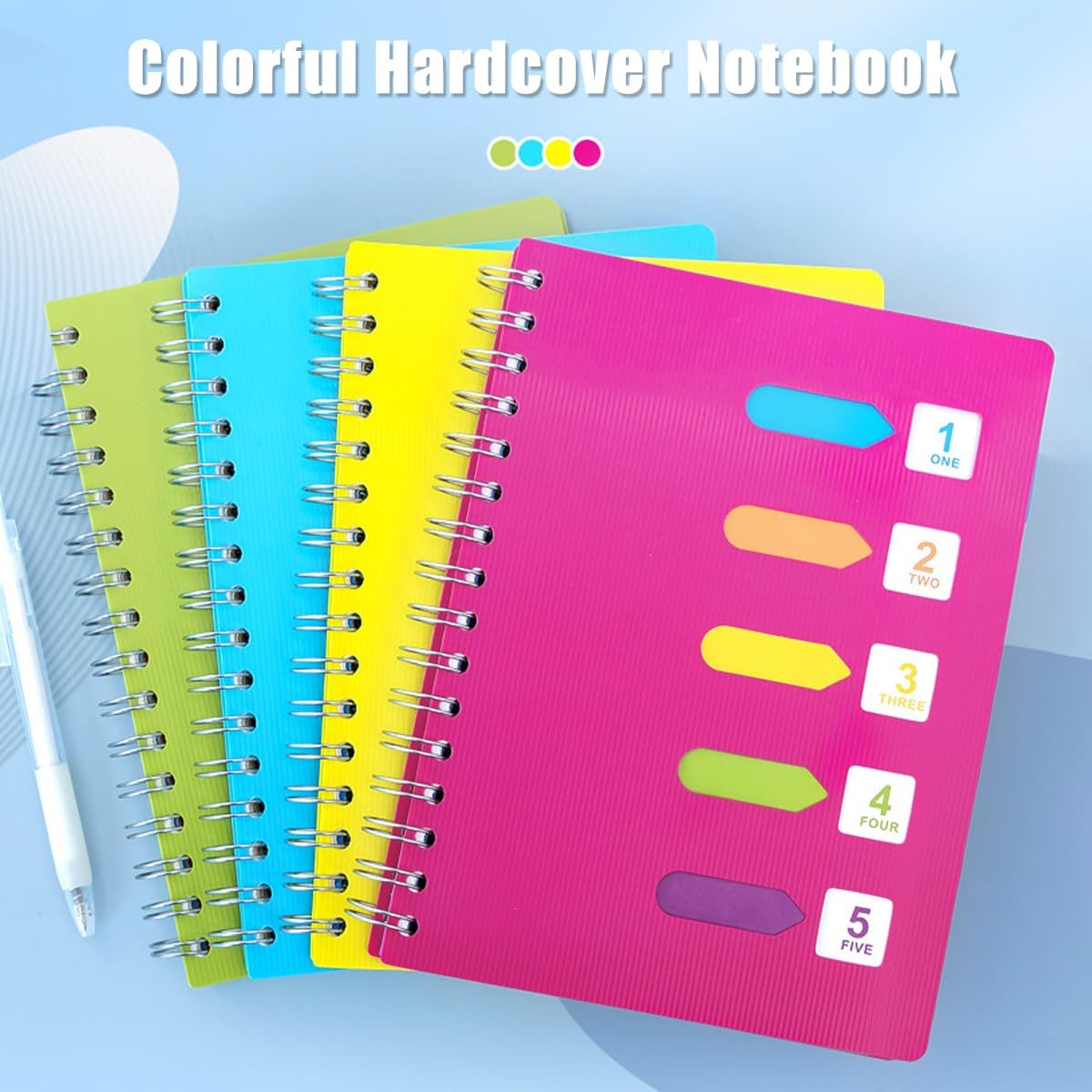 2Pcs 5 Subject Notebook, FHDUSRYO A5 Spiral Notebook with Dividers, Hardcover Notebook Double Wires Journal, 240 Pages Ruled Notebook with Pen Sticky Tab for Work, Home, School, Office (Pink Yellow)