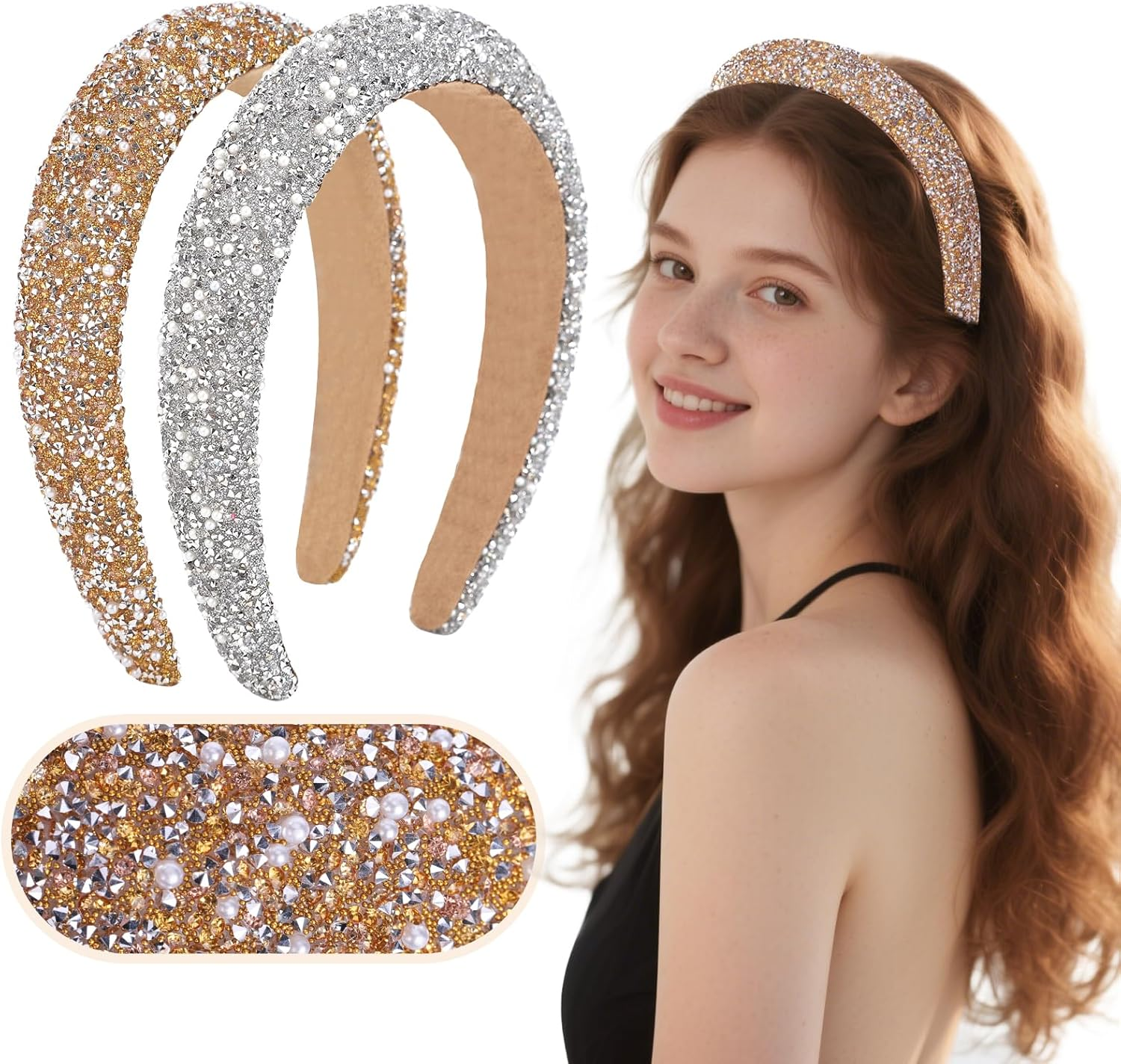Rhoxshy 2 Pack Rhinestone Headbands for Women Crystal Rhinestone Headband with Pearls Sparkly Diamond Hairband Sequin Beaded Pearls Padded Headbands Jeweled Hair Accessories (Gold & Gray) image number 2