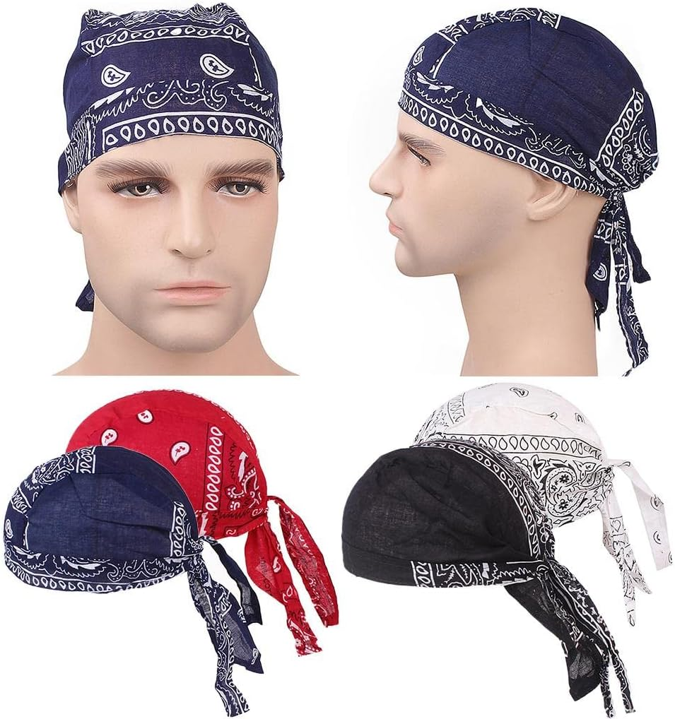 Rockible 4Pcs Mens Turban Chemo Cap Durag Muslim Beanie Hair Loss Head Scarf Hat image number 2