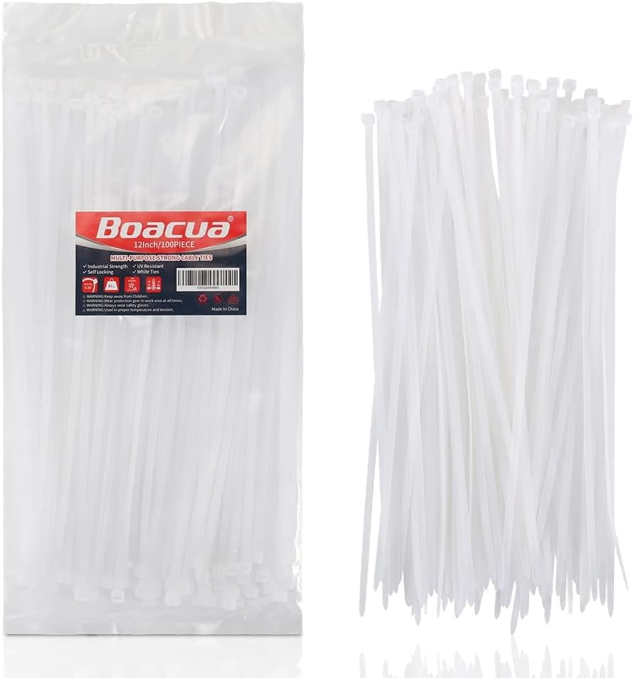 12 Inch Zip Cable Ties (100 Pieces), Self-Locking Premium Nylon Cable Wire Ties,Heavy Duty White, for Indoor and Outdoor by Boacua image number 4
