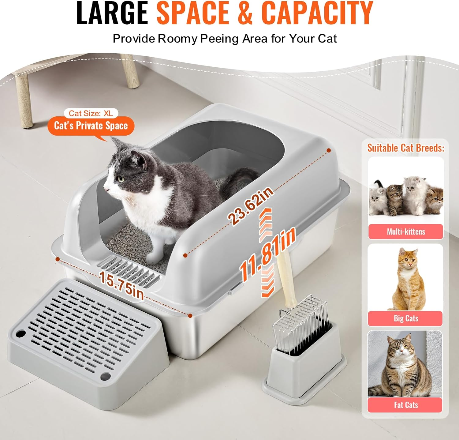 VEVOR Cat Litter Box, 152 Mm Deep, XL Extra Large Stainless Steel Cat Litter Box with Scoop, Wide Filtering Foot Board & High Sides, Enclosed Odor-Free Easy-To-Clean Litter Box, Fit for Big Cats image number 6