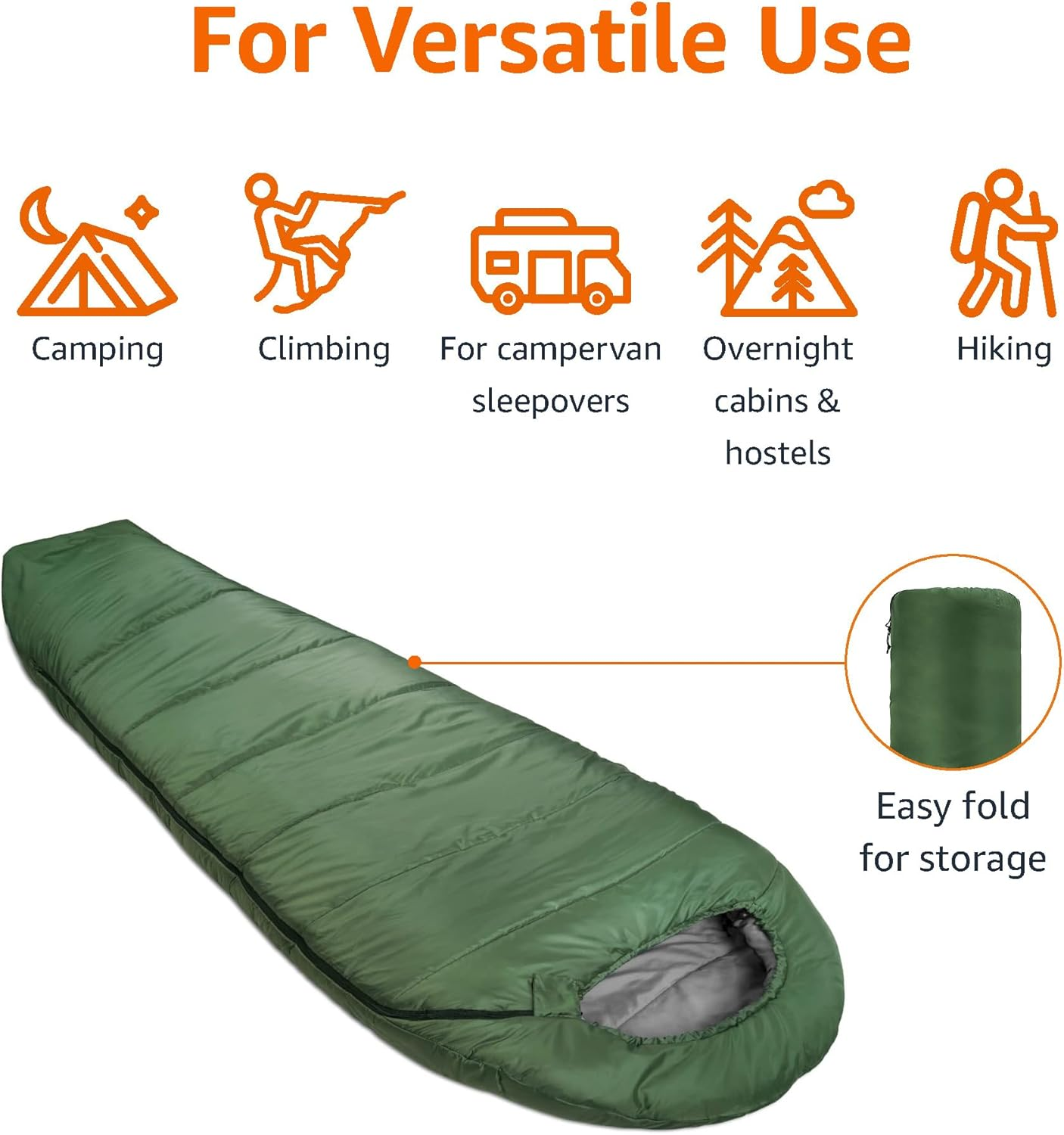 Amazon Basics 3-Season -7 Degree C Mummy Sleeping Bag for Camping and Hiking, Olive Green image number 3