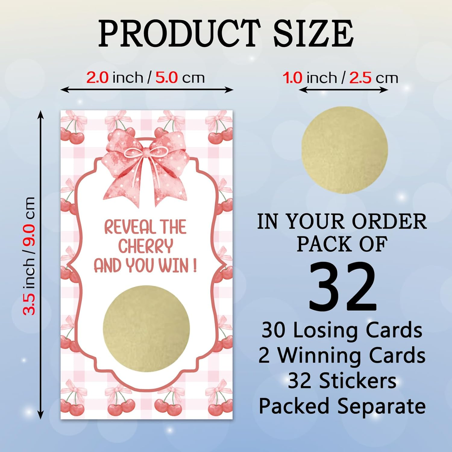 192REWIDPARTY 32 Pcs Cherry Theme Scratch off Cards, Watercolor Pink Bow Scratch off Tickets, Cherry Baby Shower Prize Raffle Tickets, Funny Birthday Baby Shower Party Cards Supplies for Family Friend