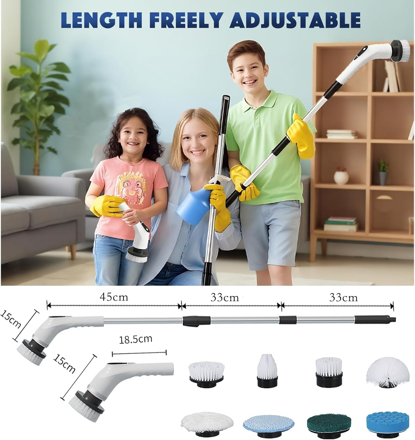 Electric Spin Scrubber, Electric Scrubber with 8 Replaceable Heads, 320-470RPM 5 Speed Adjustable Shower Scrubber with Long Handle, Scrubbing Brush for Bathroom, Bathtub, Floor and Car. image number 2