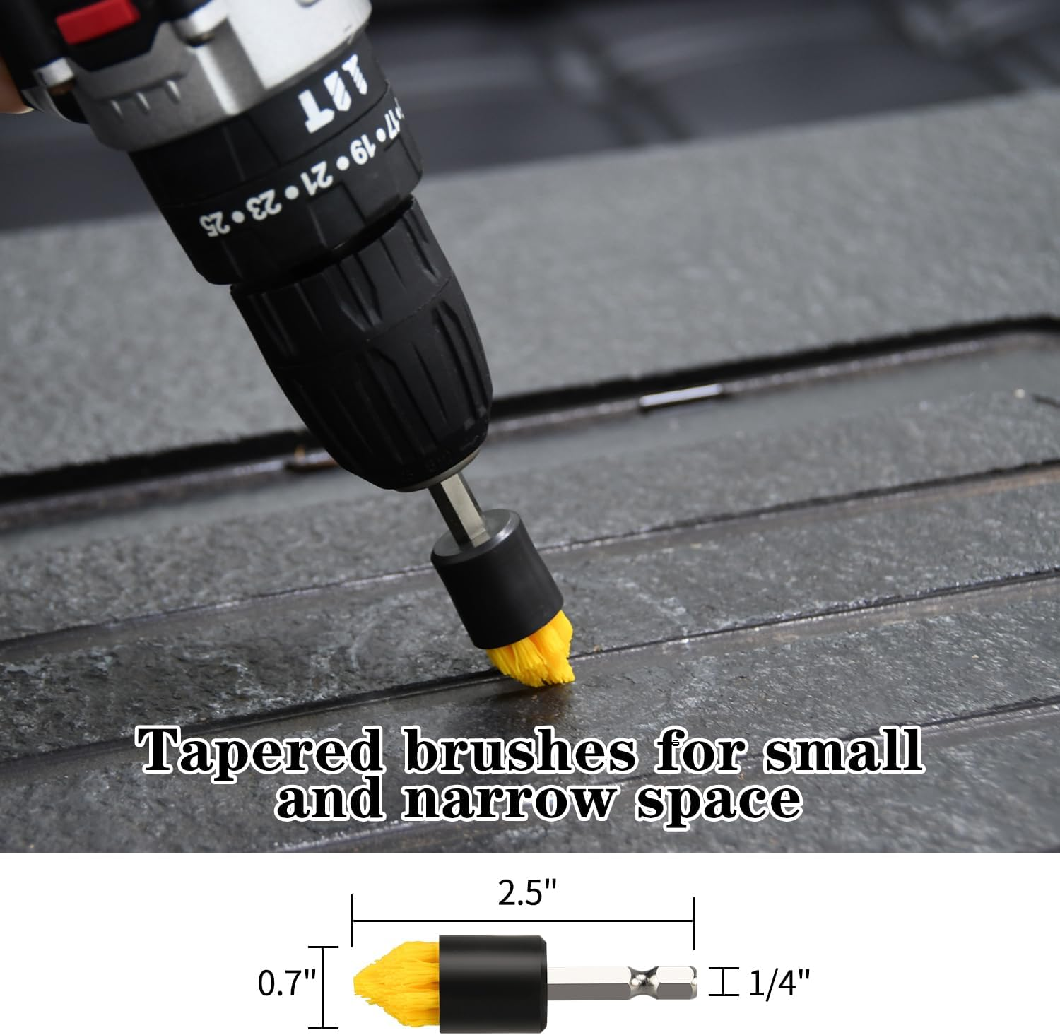 Mini Drill Brush Attachment Set, Includes 2 Tapered Brushes & 2 Flat Brushes, 1 Extension Rod, Small Corner Brush for Detailing Deep Cleaning(5Pcs) image number 2