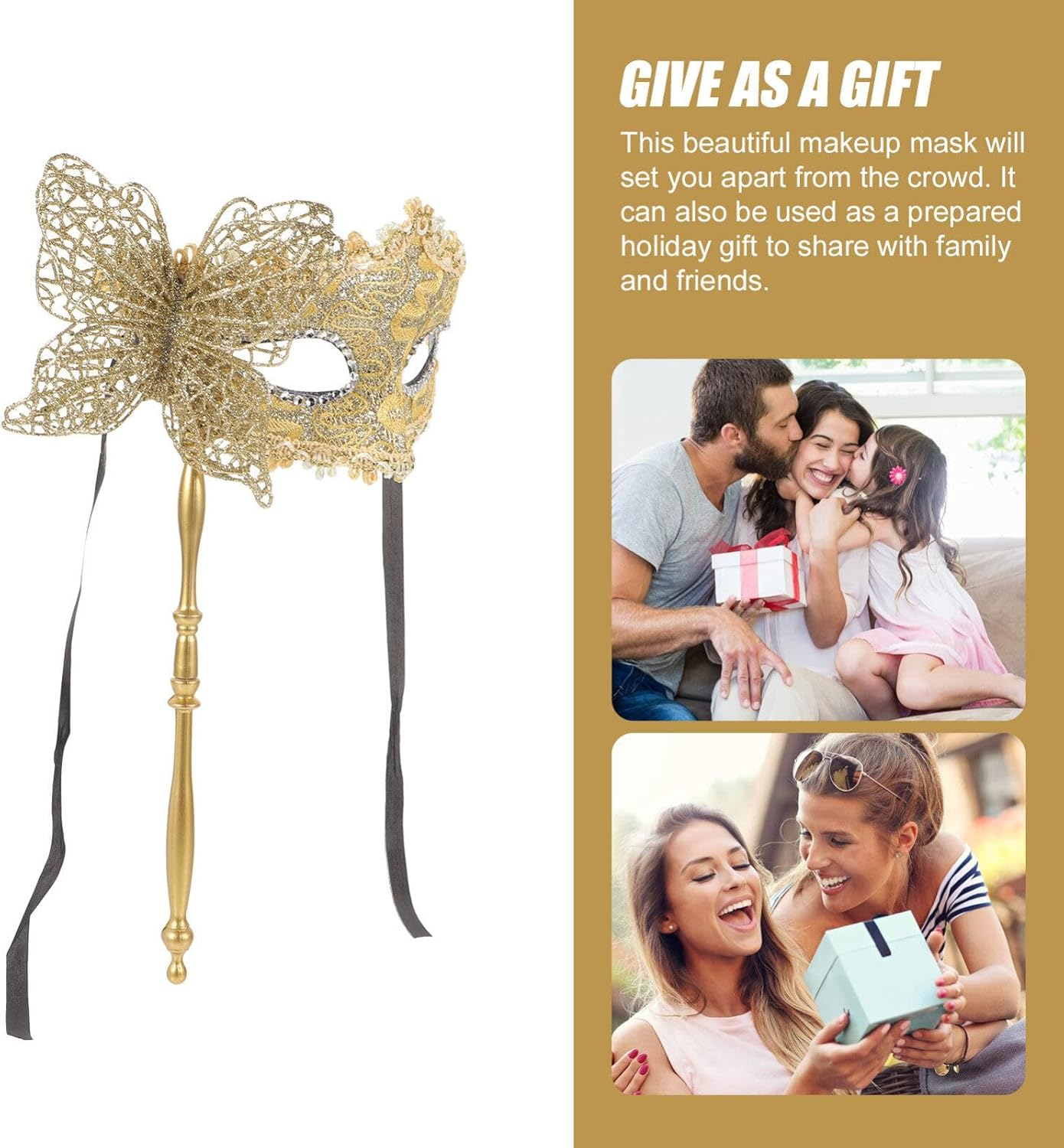 NUOBESTY Masquerade Mask with Stick Venetian Halloween Costume Mask Mardi Gras Mask for Womens Cosplay(Golden)