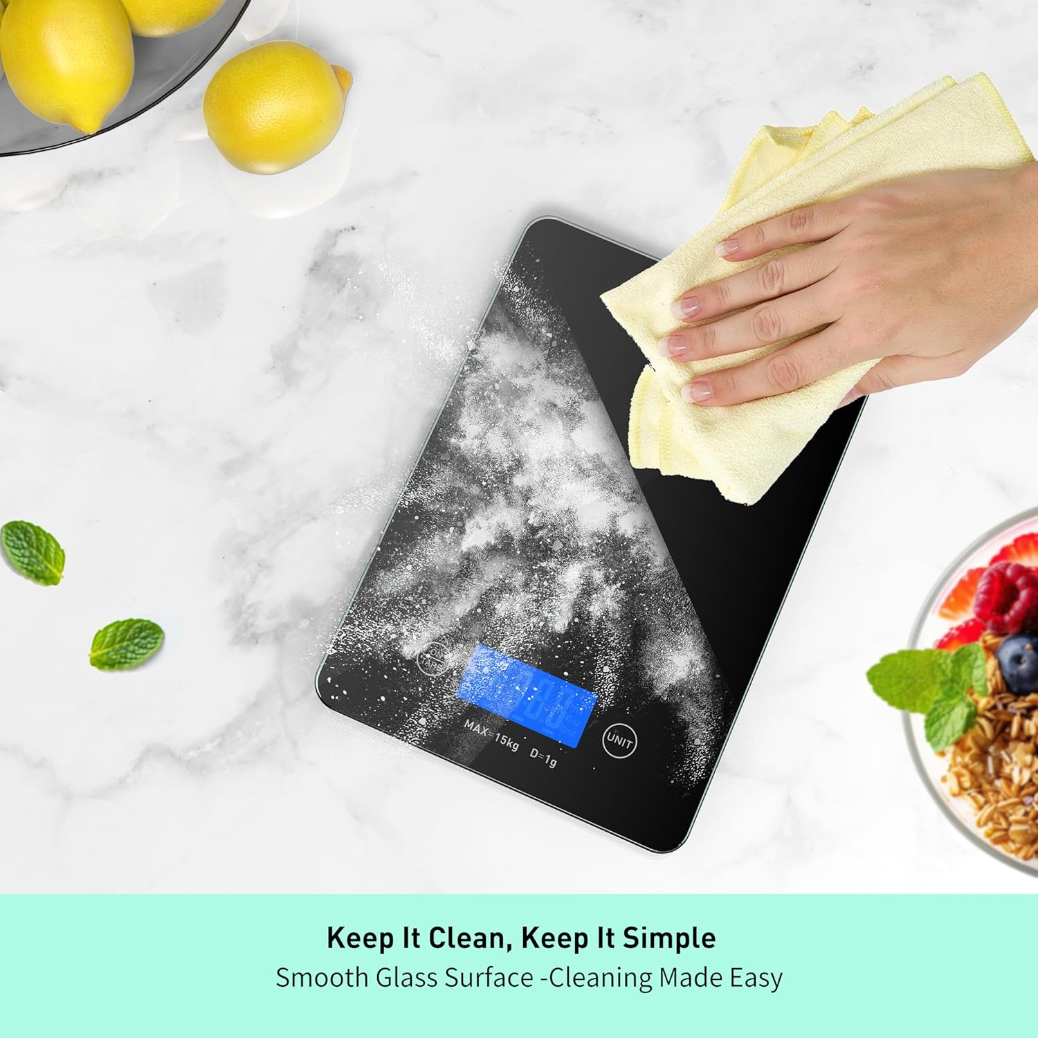 Food Scale.Kitchen Scale,15Kg/33Lb Large Capacity, High Accuracy1G/0.1Oz, USB Rechargeable, Tare Function, Auto-Off, 6 Units, Waterproof, Easy-Clean Glass Platform for Cooking, Baking, Coffee image number 3