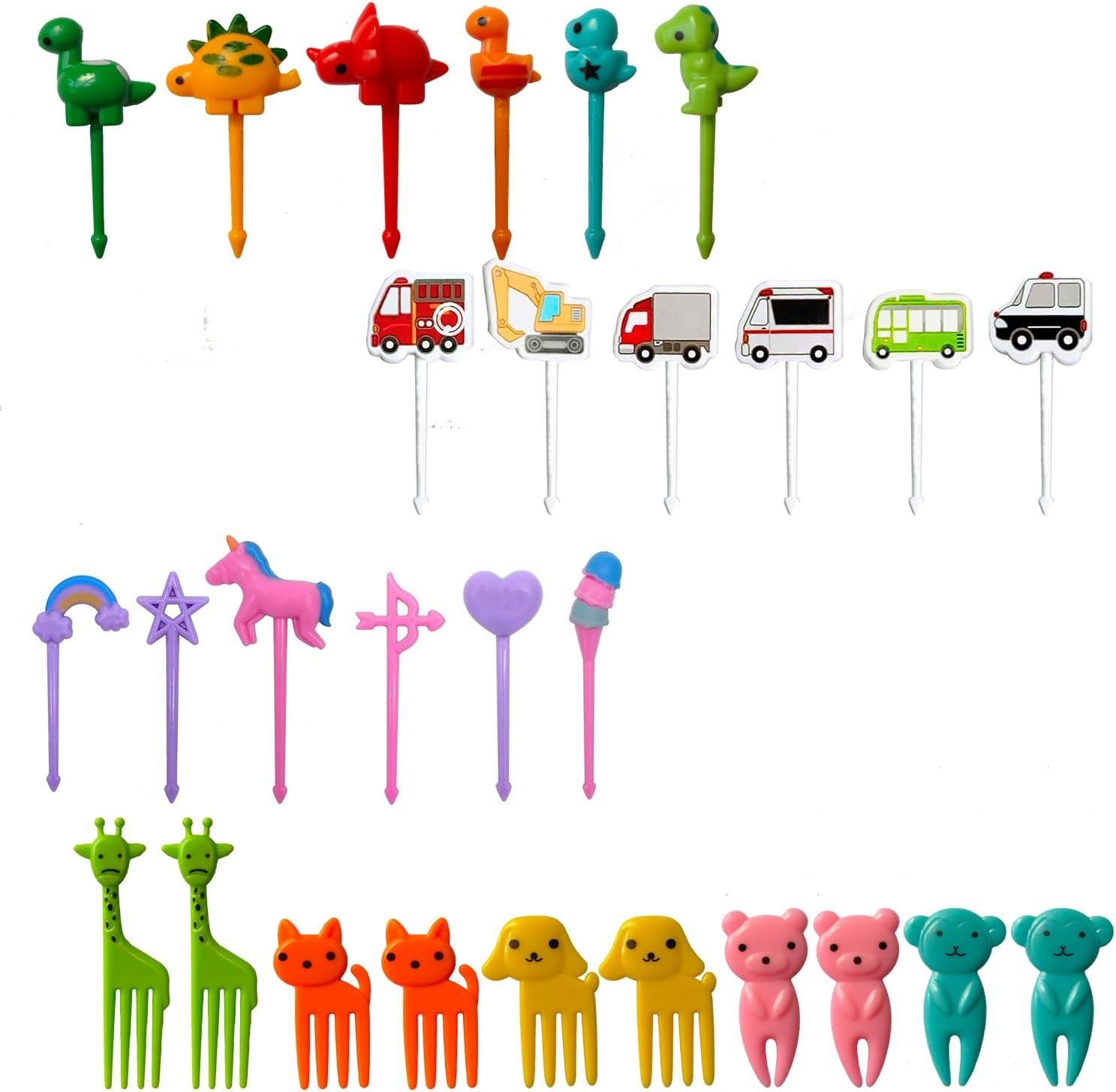 28 PCS Food Picks for Kids, Dinosaur Unicorn Vehicle Car Animal Fruit Picks, Cute Food Toothpicks, Lunch Bento Box Accessories for Kids/Toddler