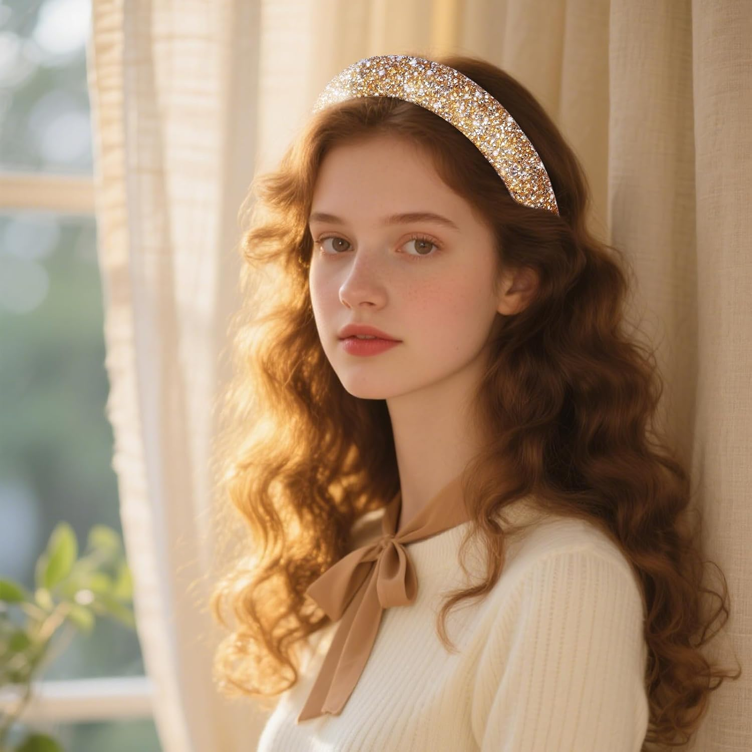 Rhoxshy 2 Pack Rhinestone Headbands for Women Crystal Rhinestone Headband with Pearls Sparkly Diamond Hairband Sequin Beaded Pearls Padded Headbands Jeweled Hair Accessories (Gold & Gray) image number 4