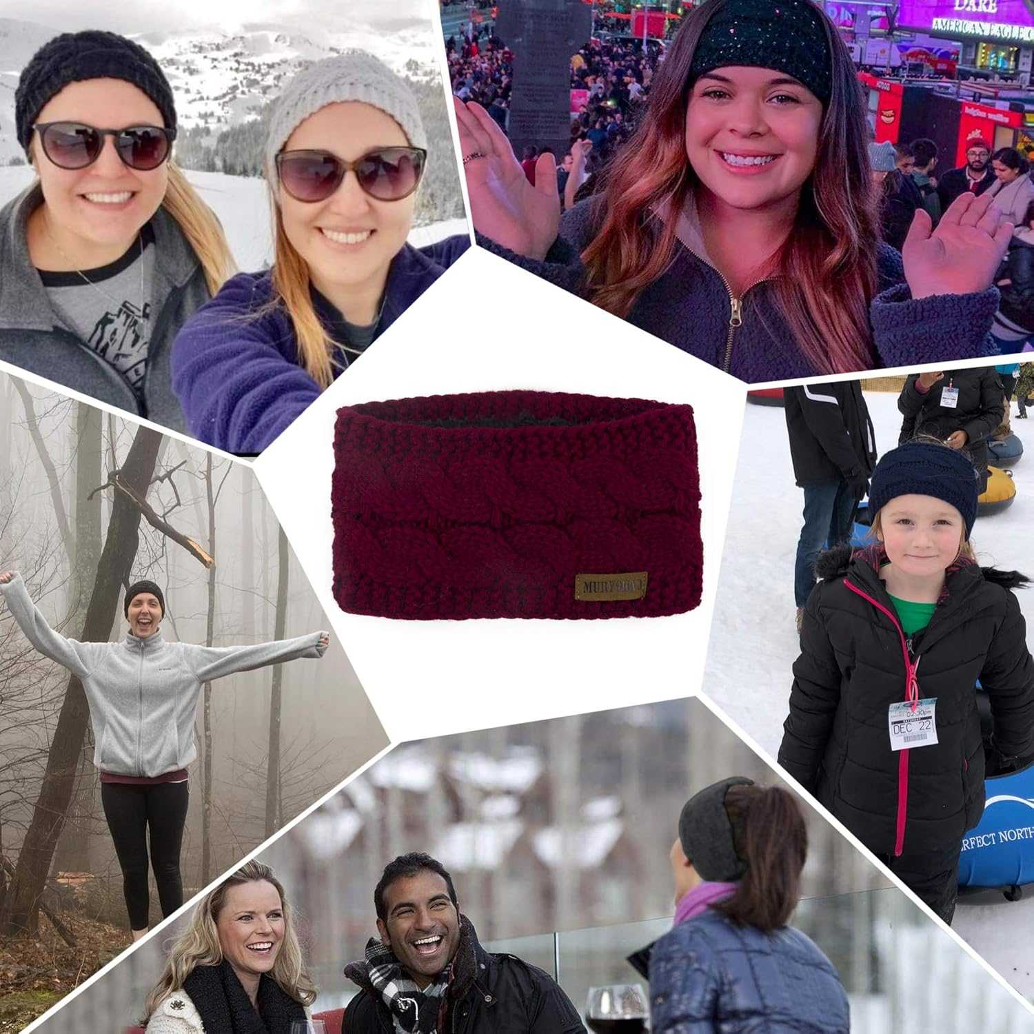 Muryobao Women Winter Warm Headband Fuzzy Fleece Lined Stretch Thick Cable Knit Head Wrap Ear Warmer (Wine Red) image number 6