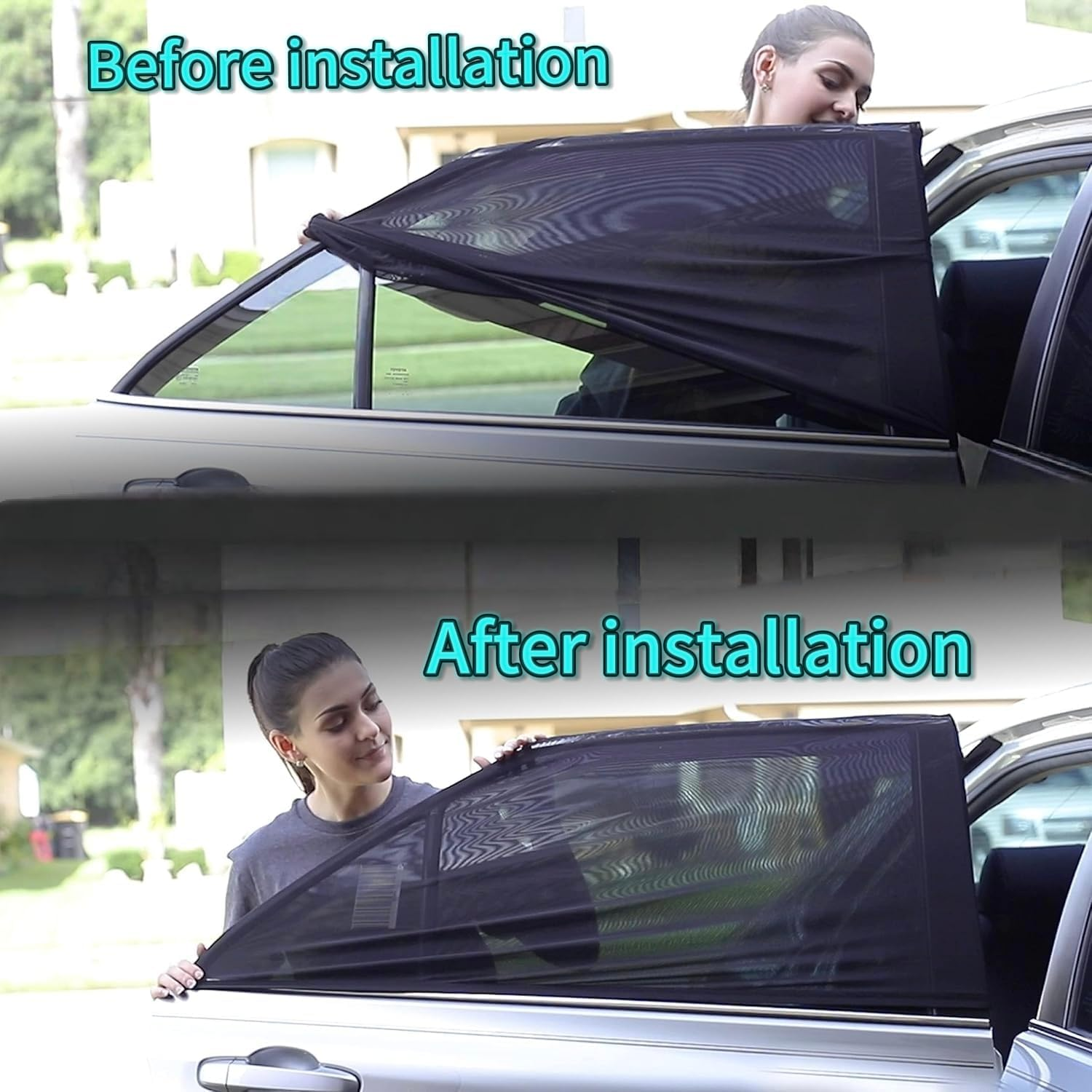 4-Pieces, Car Window Sun Shade with Mosquito Net &ndash; Easy - Install, Universal Fit for Privacy & Bug Protection, Car Window Sunshade Set, Magnetic Side Window Mesh Screens, Black, AUPOINT image number 1