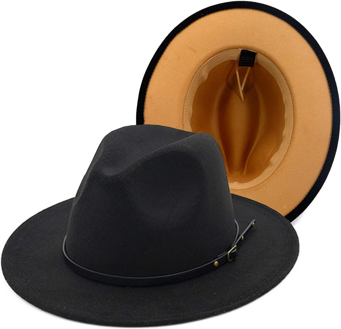 Gossifan Womens & Mens Two Tone Wide Brim Fedora Hats with Classic Belt Patchwork Felt Hats