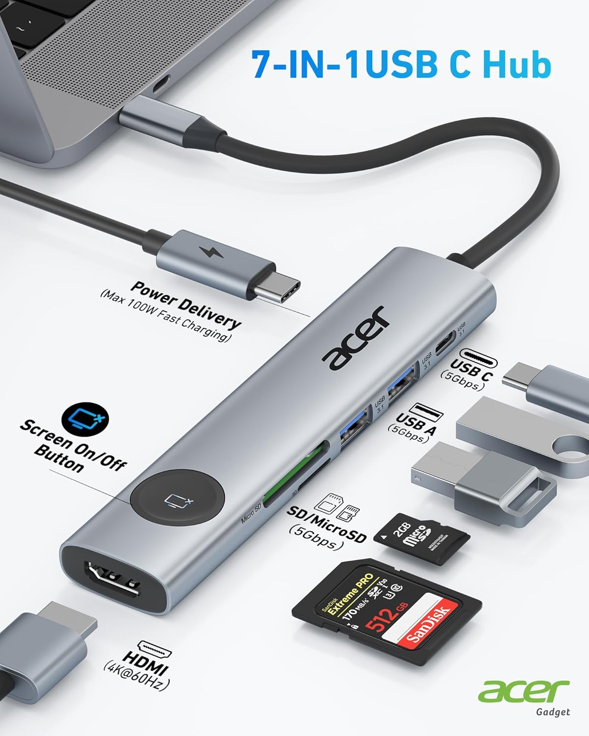 Acer USB C Hub, 7 in 1 USB C to HDMI Adapter, 4K@60Hz HDMI, 2 USB 3.1 and Type-C Data Port, 100W PD, SD Card Reader, Screen On/Off Button for Macbook Pro/Air, Ipad Pro/Air, Switch and More (Gray) - Pink image number 2