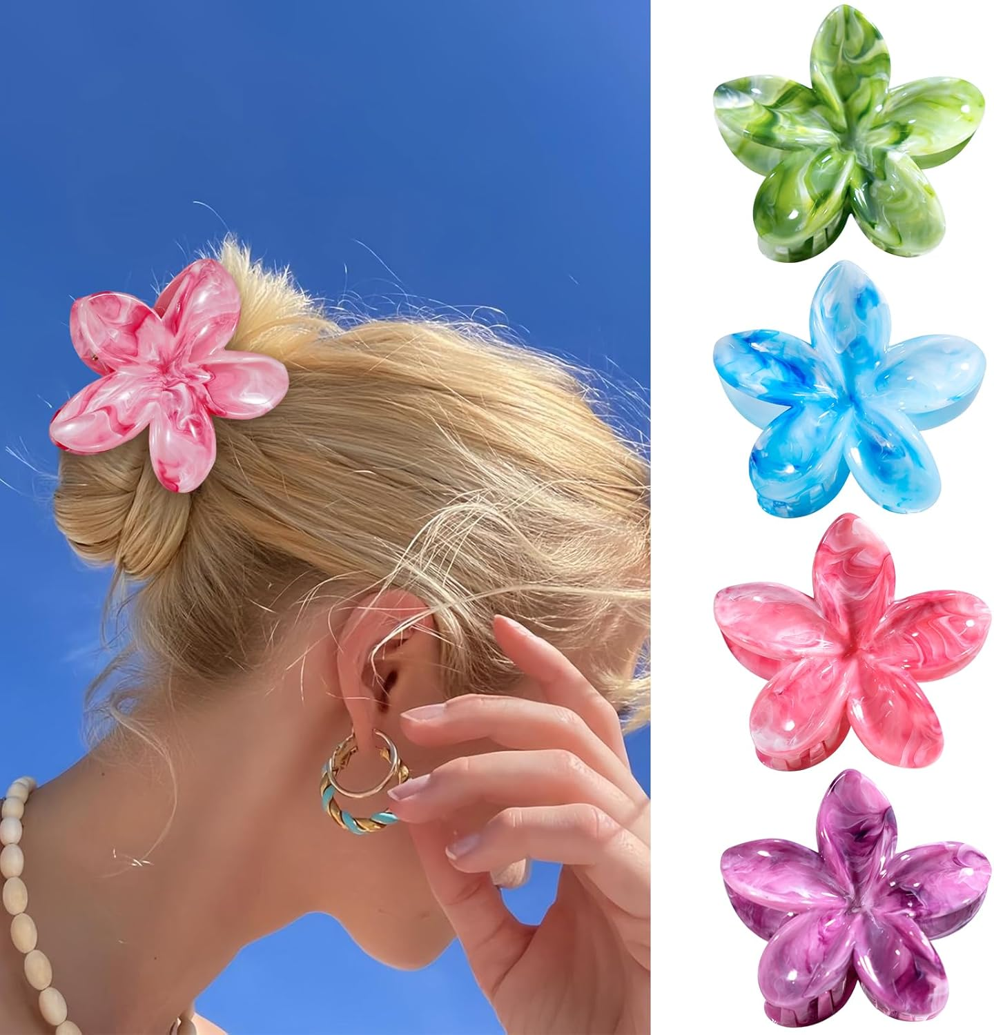 Yamobi Flower Hair Clips, Pack of 4 Hawaii Plumerias Flower Hair Claws, Artistic Multicoloured Lubrication Patterns Barrettes Hair Clips, Beach Tropical Hair Accessories image number 6
