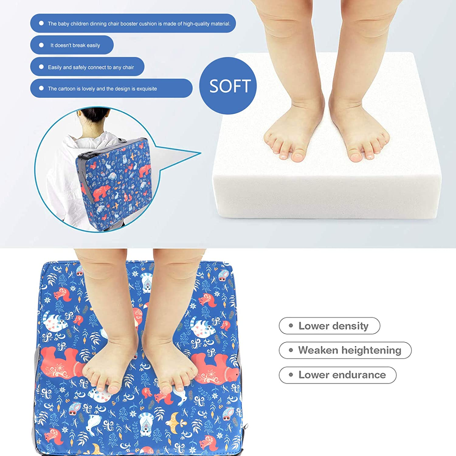 TOYANDONA Blue Toddler Booster Seat for Dining Table Children Double Straps Washable Portable Booster Seat Dining Table Increasing Cushion for Baby Kids