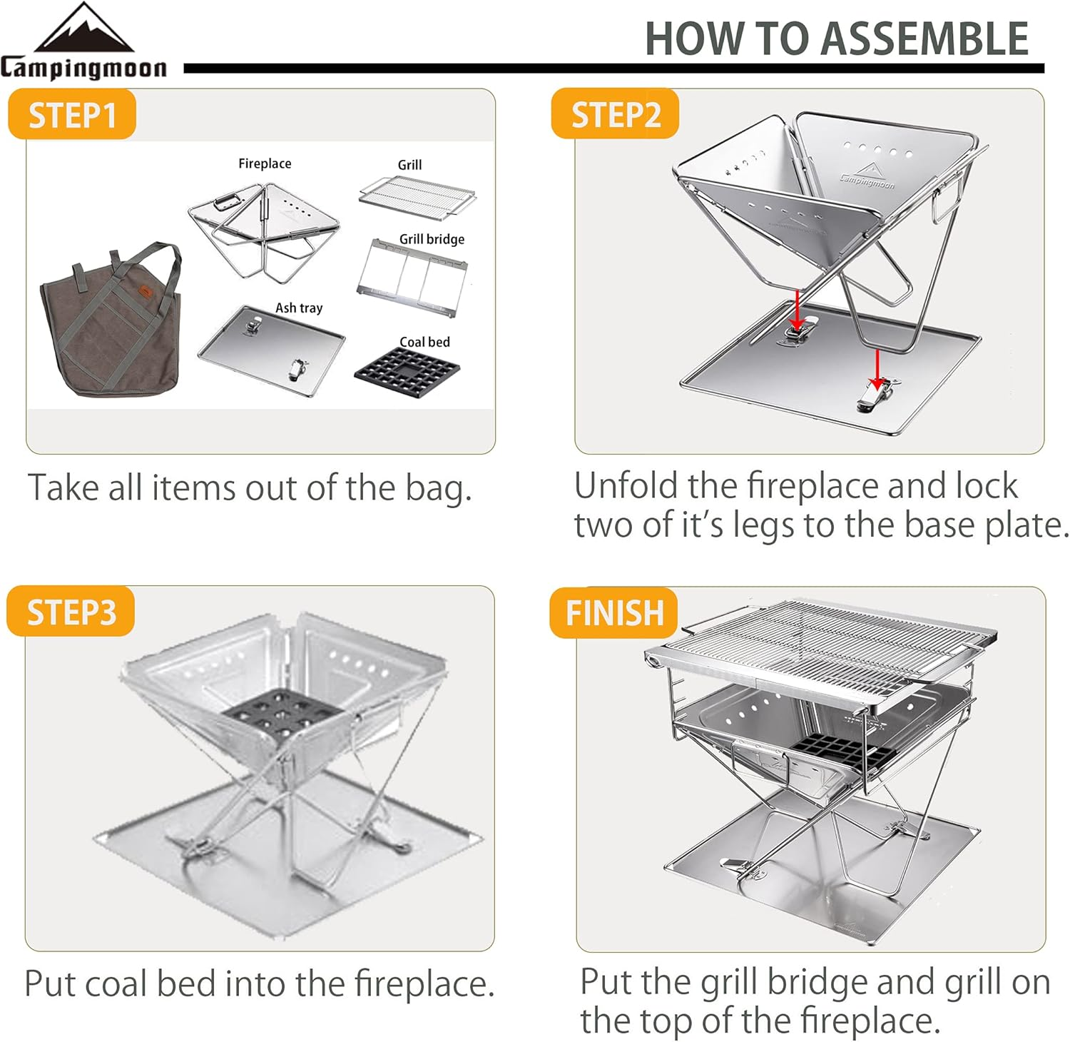 CAMPINGMOON Portable Camping Fire Pit BBQ Grill Outdoor Fireplaces Stainless Steel Large Size MT-045 image number 5