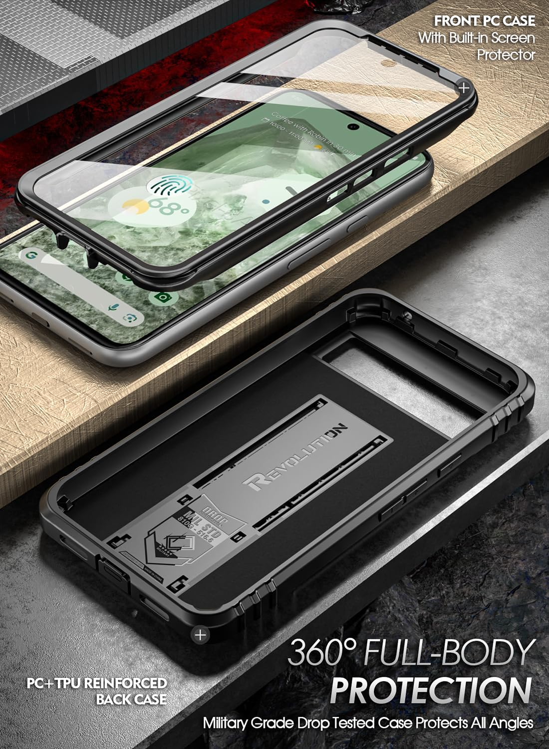 Poetic Revolution Case for Google Pixel 8A 5G, [20FT Mil-Grade Drop Tested],Full Body Rugged Shockproof Protective Cover Case with Kickstand, Built-In Screen Protector Work with Fingerprint ID, Black