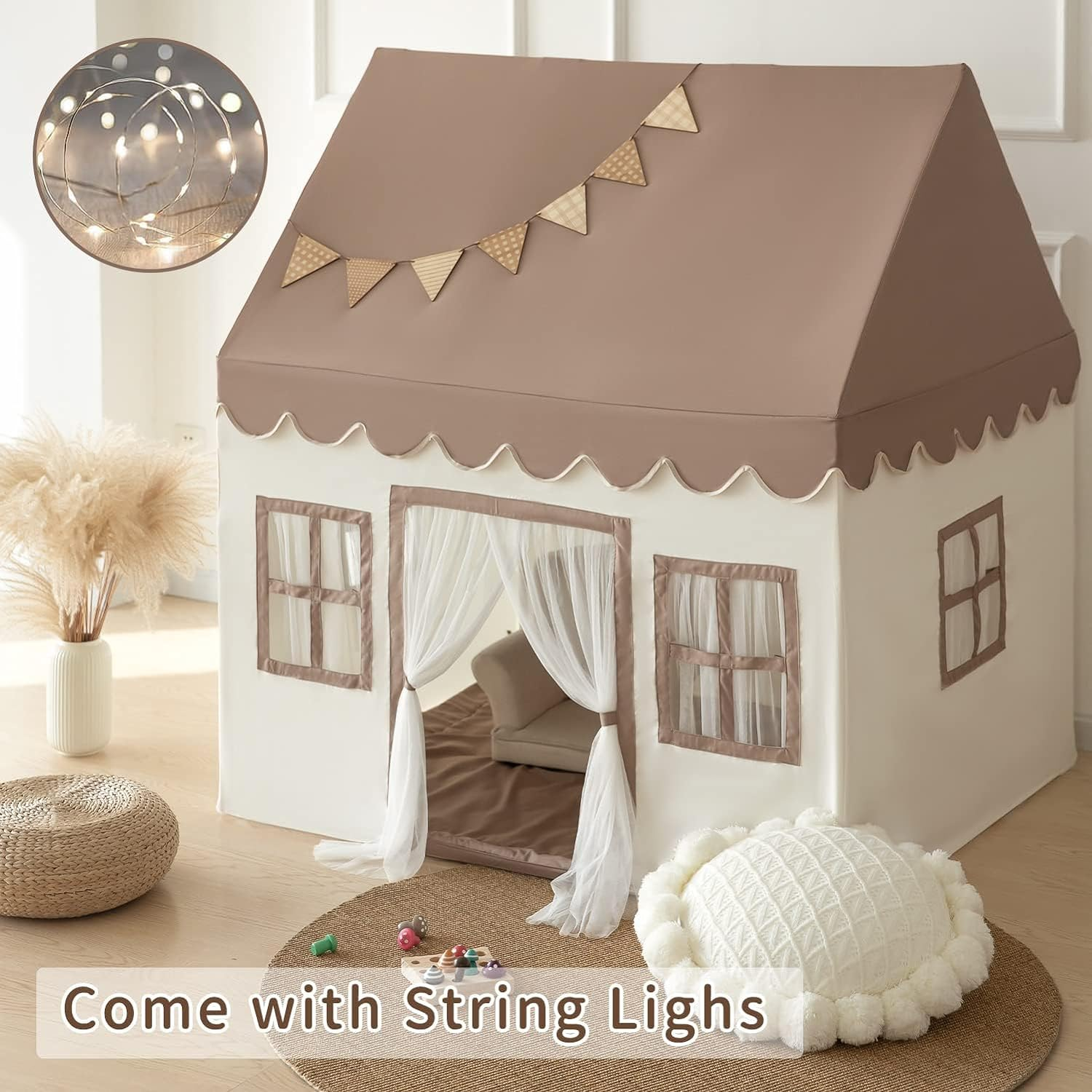 Large Kids Play Tent with Mat, XICEN Play Tent Indoor with Star Lights and Windows, Playhouse for Boys and Girls Aged 3+, Kid Tent with Mat Washable image number 2