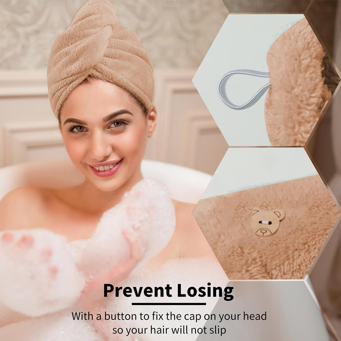 3 Pack Microfiber Hair Drying Towel Hair Drying Towel with Buttons, Super Absorbent, Quick Drying, Fluffy, Pink, Green, Brown image number 3