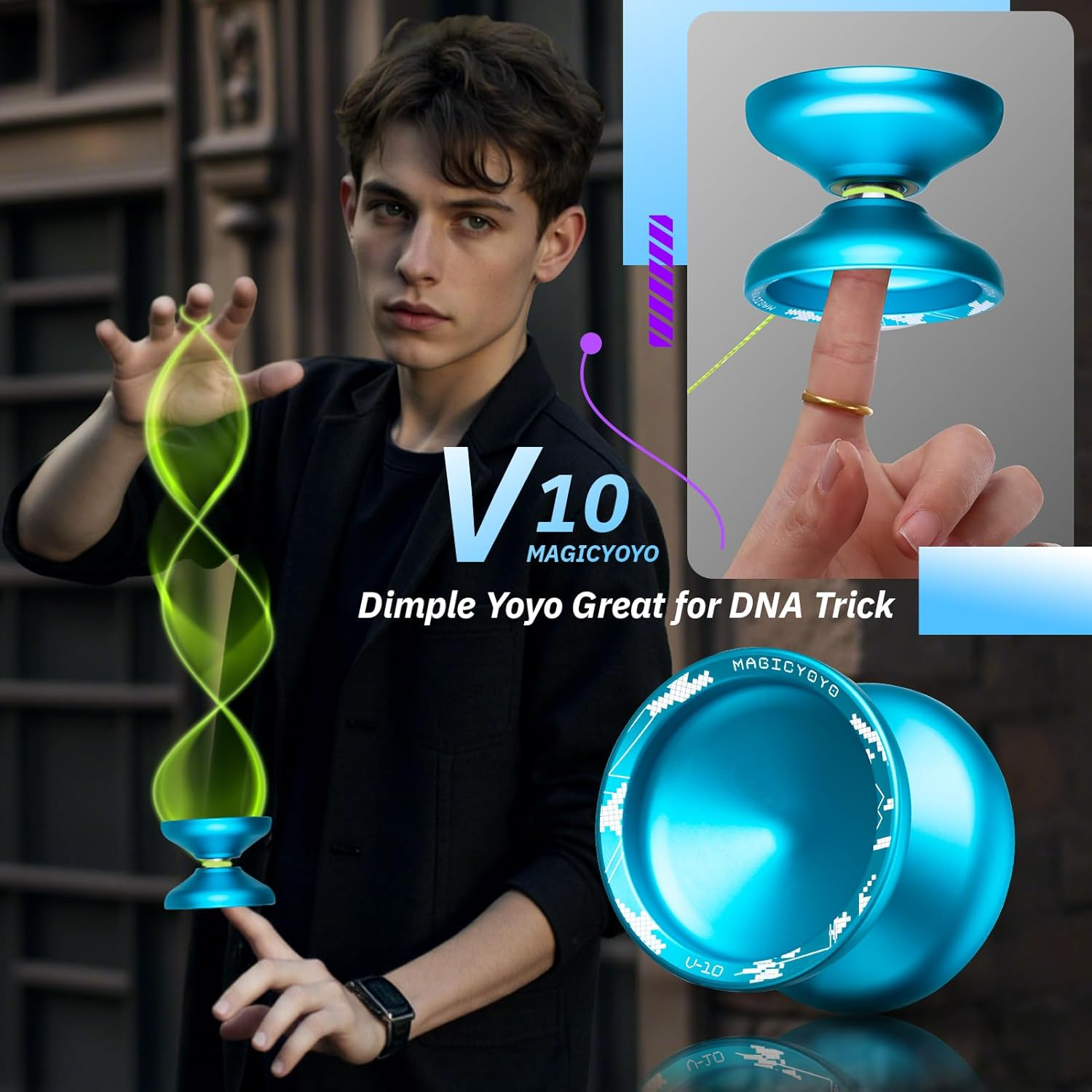 MAGICYOYO V10 Professional Finger Spin Yoyo for DNA Tricks, Metal Yoyo Professional with Responsive & Unresponsive Modes, Pro Trick Yo Yo for Adults & Kids with Complete Yo-Yo Accessories Kit (Blue)